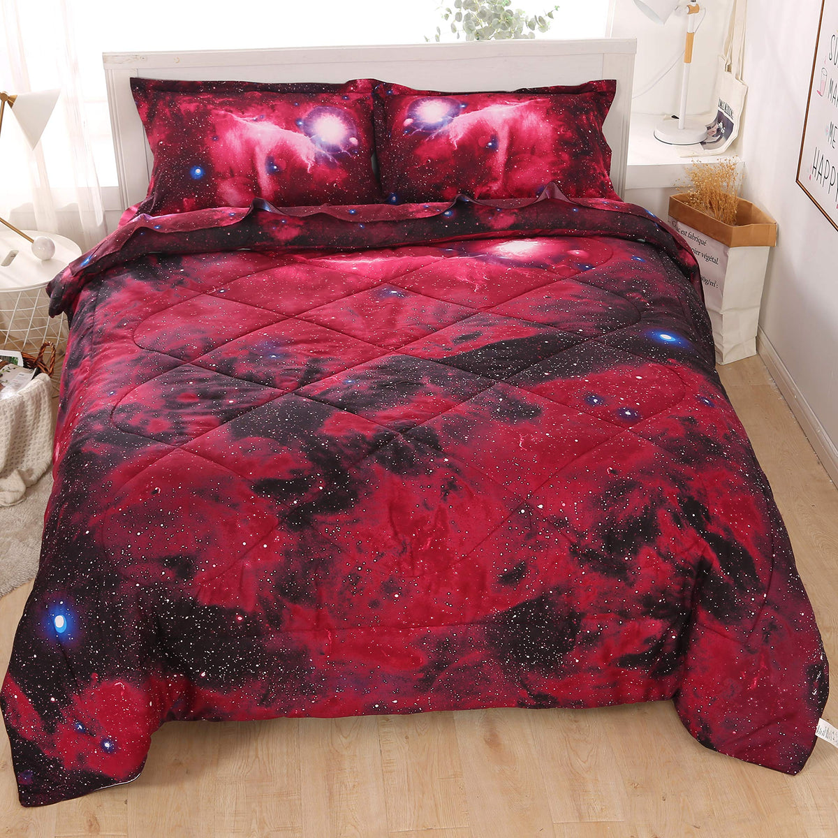 Wowelife Galaxy Bedding Sets For Boys And Girls 5-Piece Full, Premium Galaxy Bed In A Bag Red, 3D Galaxy Comforter Set, Comforta