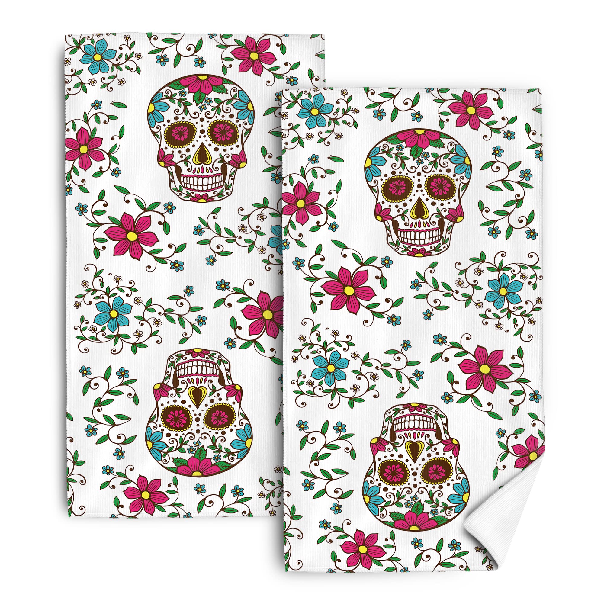 Mexican Skull Cute Floral Kitchen Dish Towels Set of 2, 16'x 24' Cotton Absorbent Drying Cloth, Day of The Dead Kitchen Towels