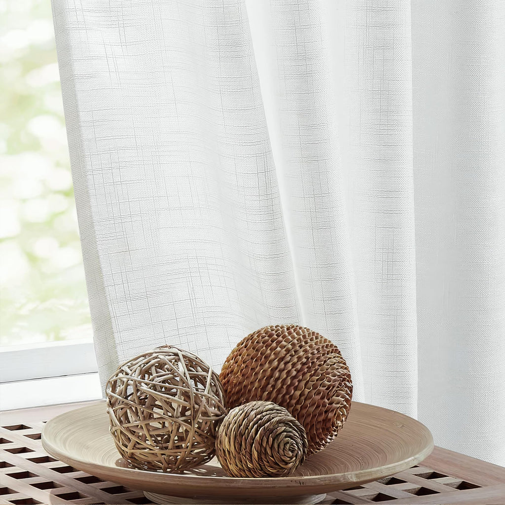 FMFUNCTEX Linen Semi Sheer White Curtains for Bedroom Living Room, Curtain Panels 63 Inch Length Sheer Linen Textured Window Dra