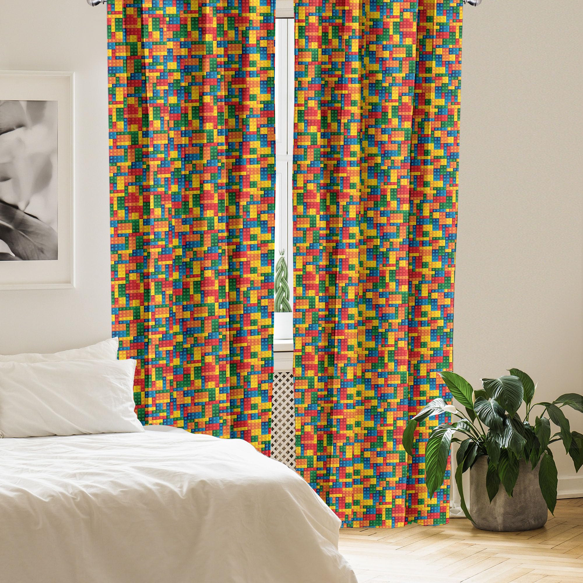 Ambesonne Building Blocks Window Curtains, Themed Digital Design Toy Dotted Matching Rectangles Print, Lightweight Decor 2-Panel