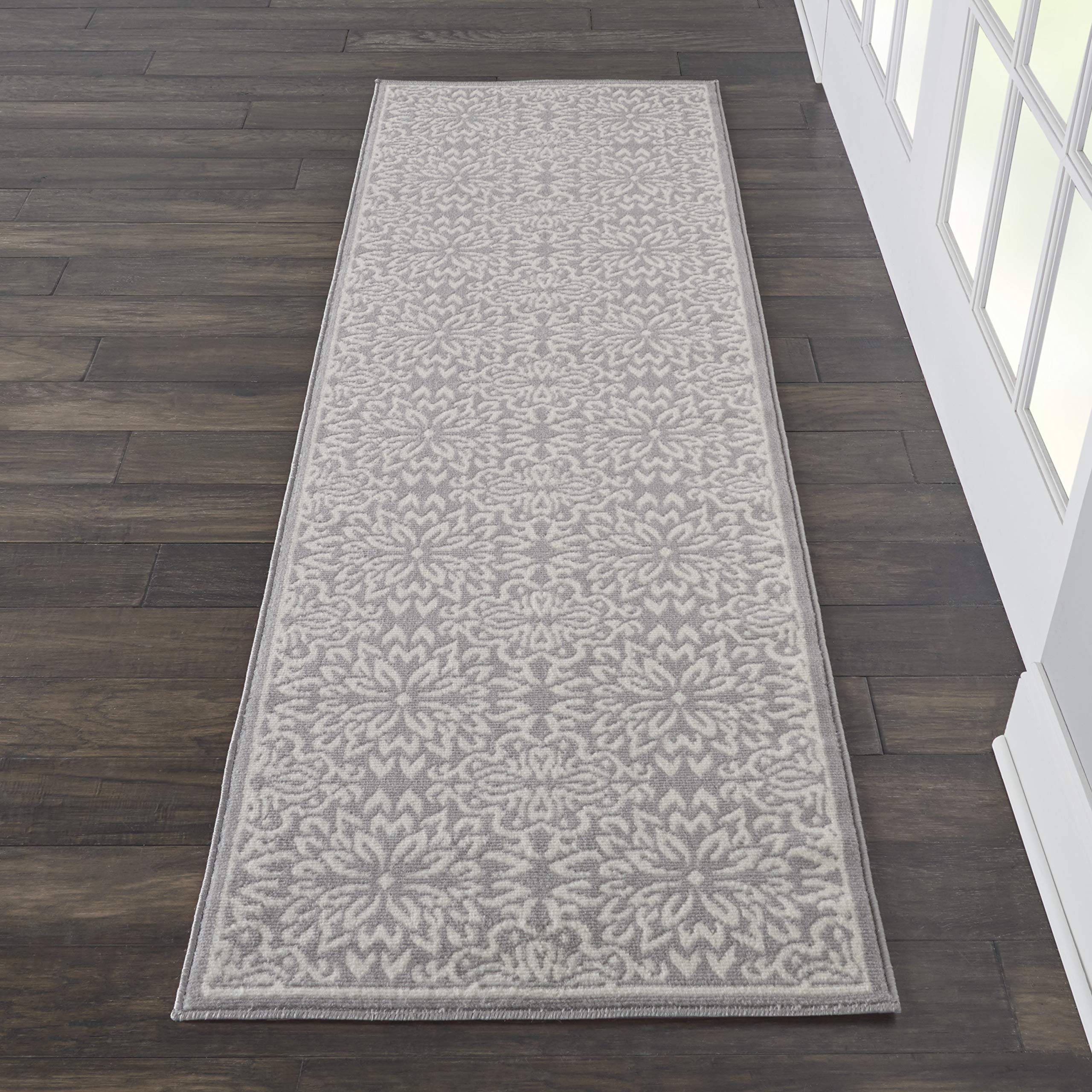 Nourison Jubilant Floral Ivory/Grey 23 x 73 Area-Rug, Easy-Cleaning, Non Shedding, Bed Room, Living Room, Dining Room, Kit