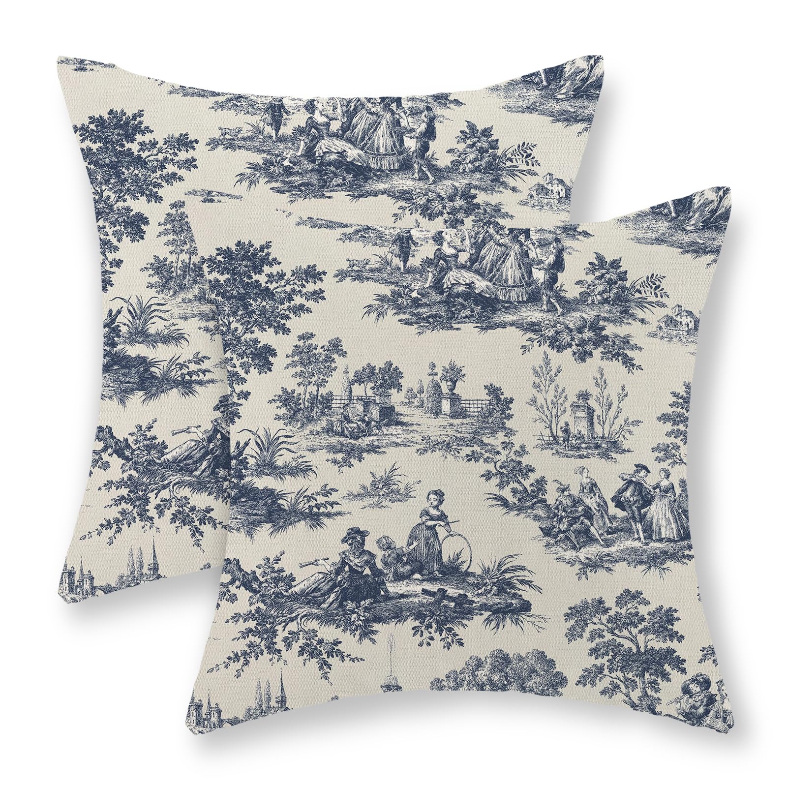 Golianda French Country Pillow Covers 20X20 Set Of 2 Vintage Toile Blue Throw Pillows French Country Decor Outdoor Pillowcase Ru