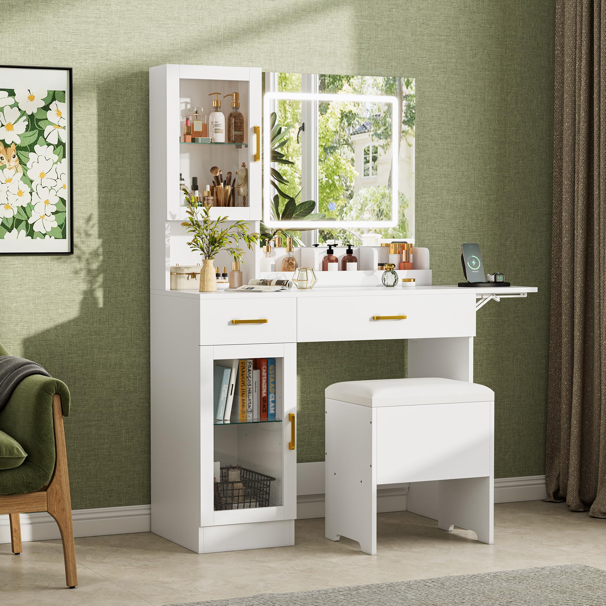 NUNU LAB Morden Makeup Vanity Desk with Mirror, Bedroom Dressing Table Set with Storage Shelf and 5 Drawers, Large Vanity Table 