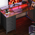 Huuger 47 Inch Computer Desk With Power Outlets And Led Lights, Gaming Desk With 4 Drawers, Office Desk With Monitor Stand, Study Desk Work Desk For Home Office, Small Spaces, Rustic Brown