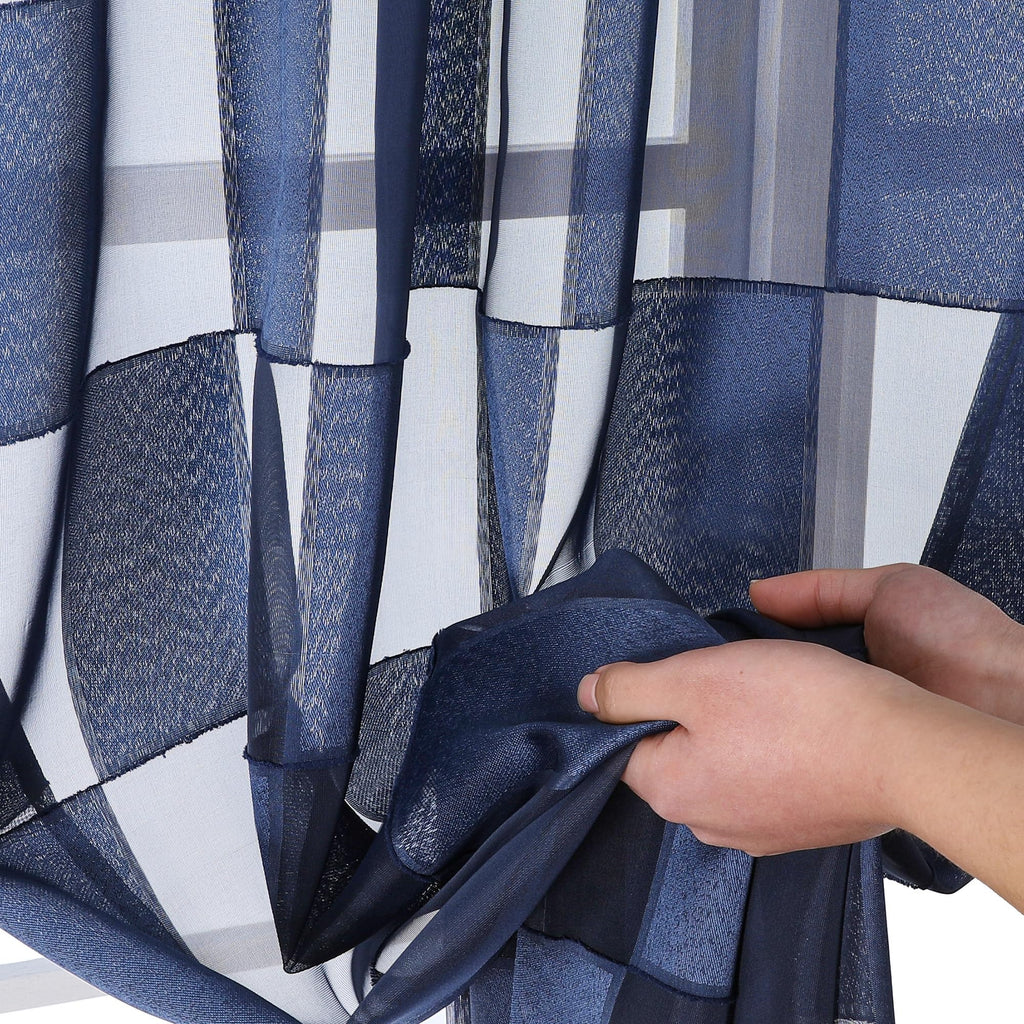 Ovzme Barry Navy Blue Curtains 54 Inches Long 2 Panels - Privacy Soft Checkered Light Filtering Sheer Drapes, Clip Textured Semi