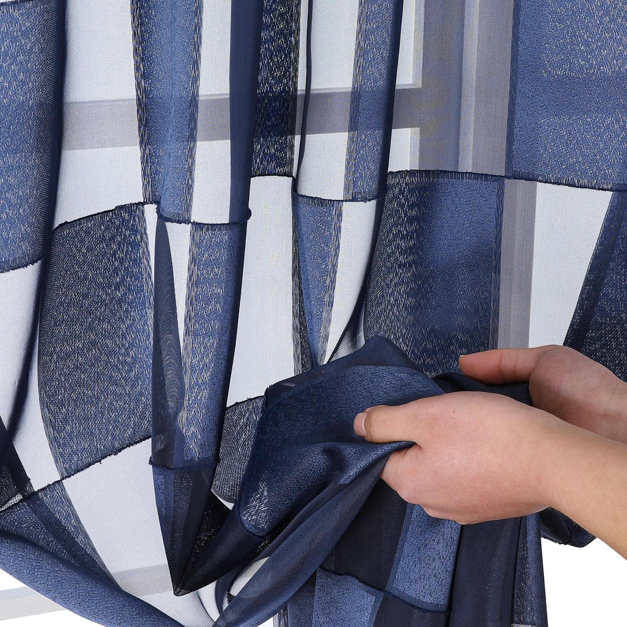 Ovzme Barry Navy Blue Curtains 54 Inches Long 2 Panels - Privacy Soft Checkered Light Filtering Sheer Drapes, Clip Textured Semi