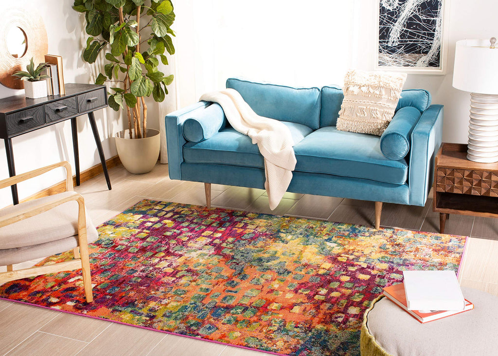 Safavieh Madison Collection Accent Rug - 4' X 6', Fuchsia & Gold, Boho Abstract Distressed Design, Non-Shedding & Easy Care, Ide
