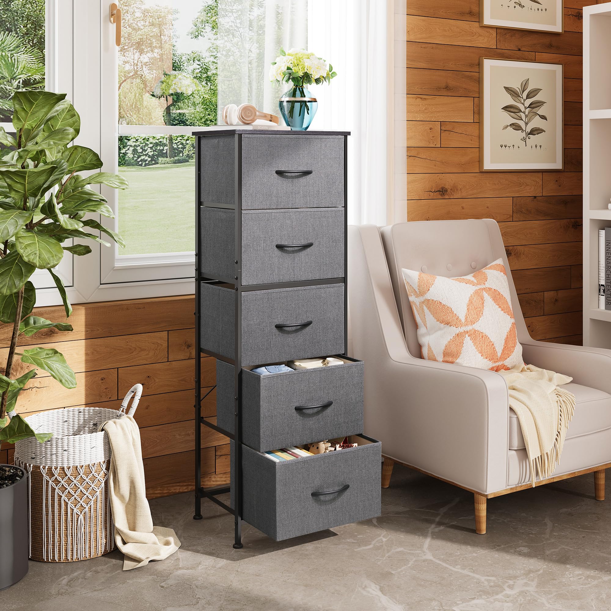Wlive Fabric Dresser, 5-Drawer Tall Dresser For Bedroom, Storage Dresser Organizer With Fabric Bins, Wood Top, Sturdy Steel Frame, Chest Of Drawers For Closet, Hallway, Dark Grey