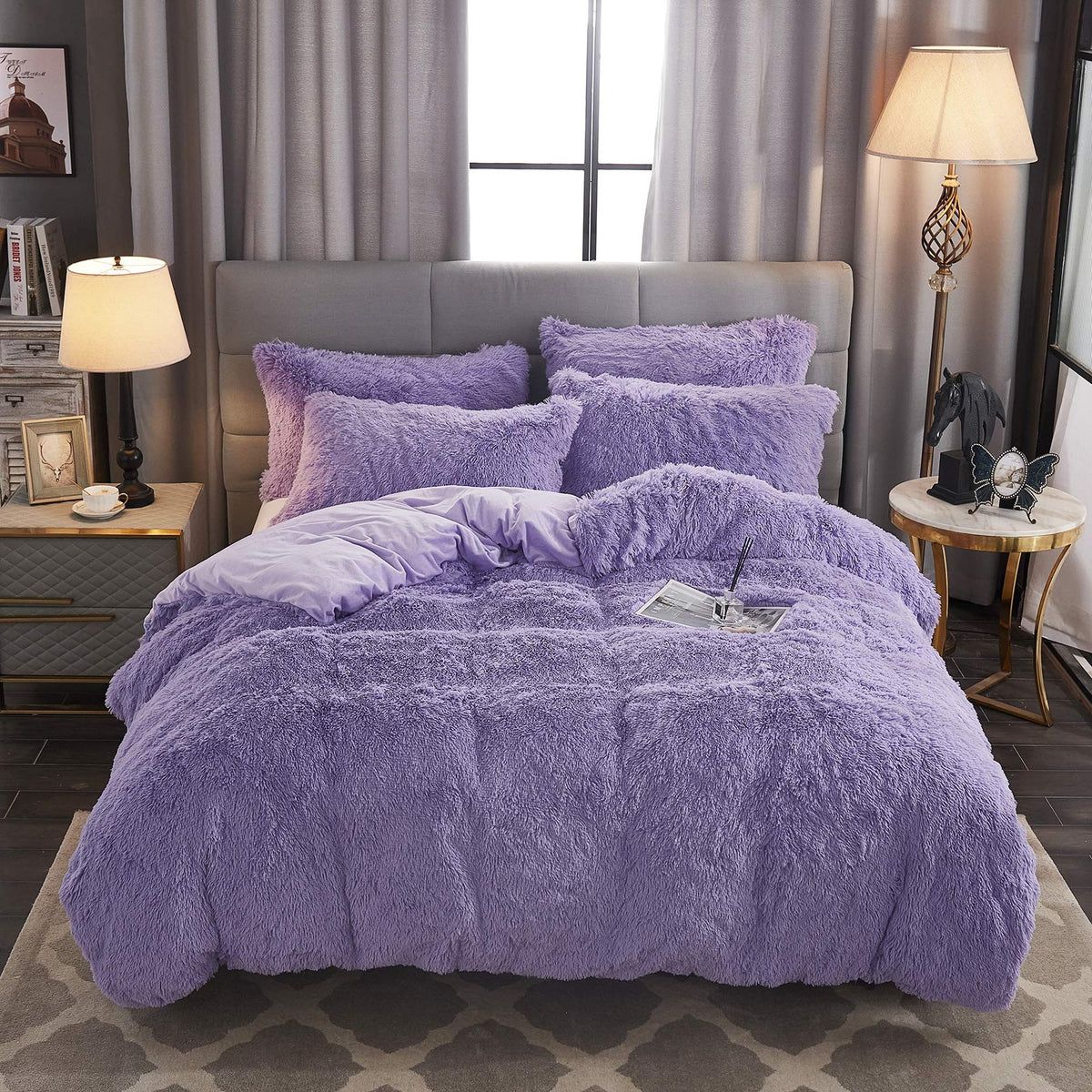 Werdim Shaggy Fluffy Faux Fur Duvet Cover Set Button Closure Velvety Bedding Set Comforter Cover With Pillowcase Lilac, Twin Siz