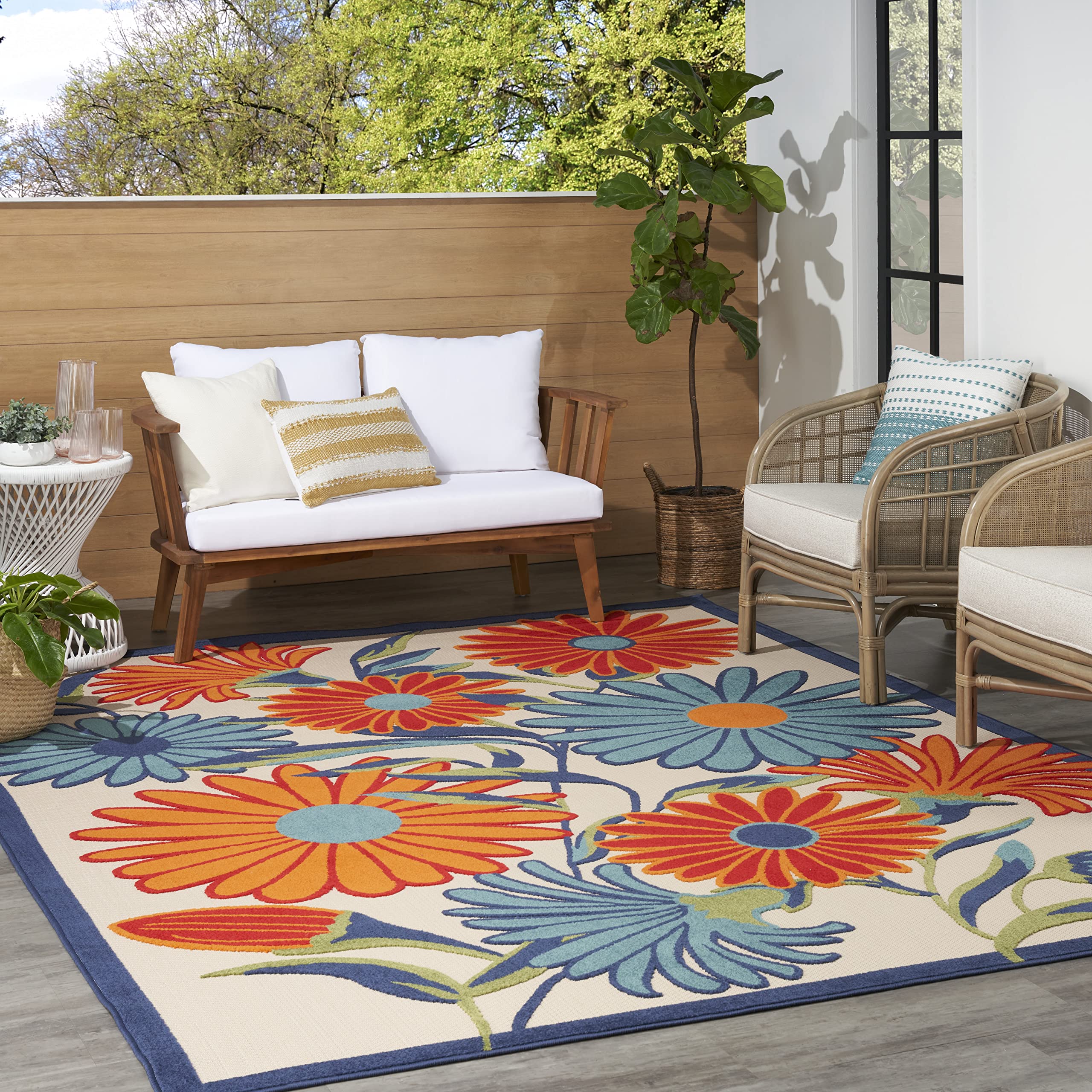 Nourison Aloha Indoor/Outdoor Multicolor 6' X 9' Area Rug, Easy Cleaning, Non Shedding, Bed Room, Living Room, Dining Room, Kitchen (6X9)