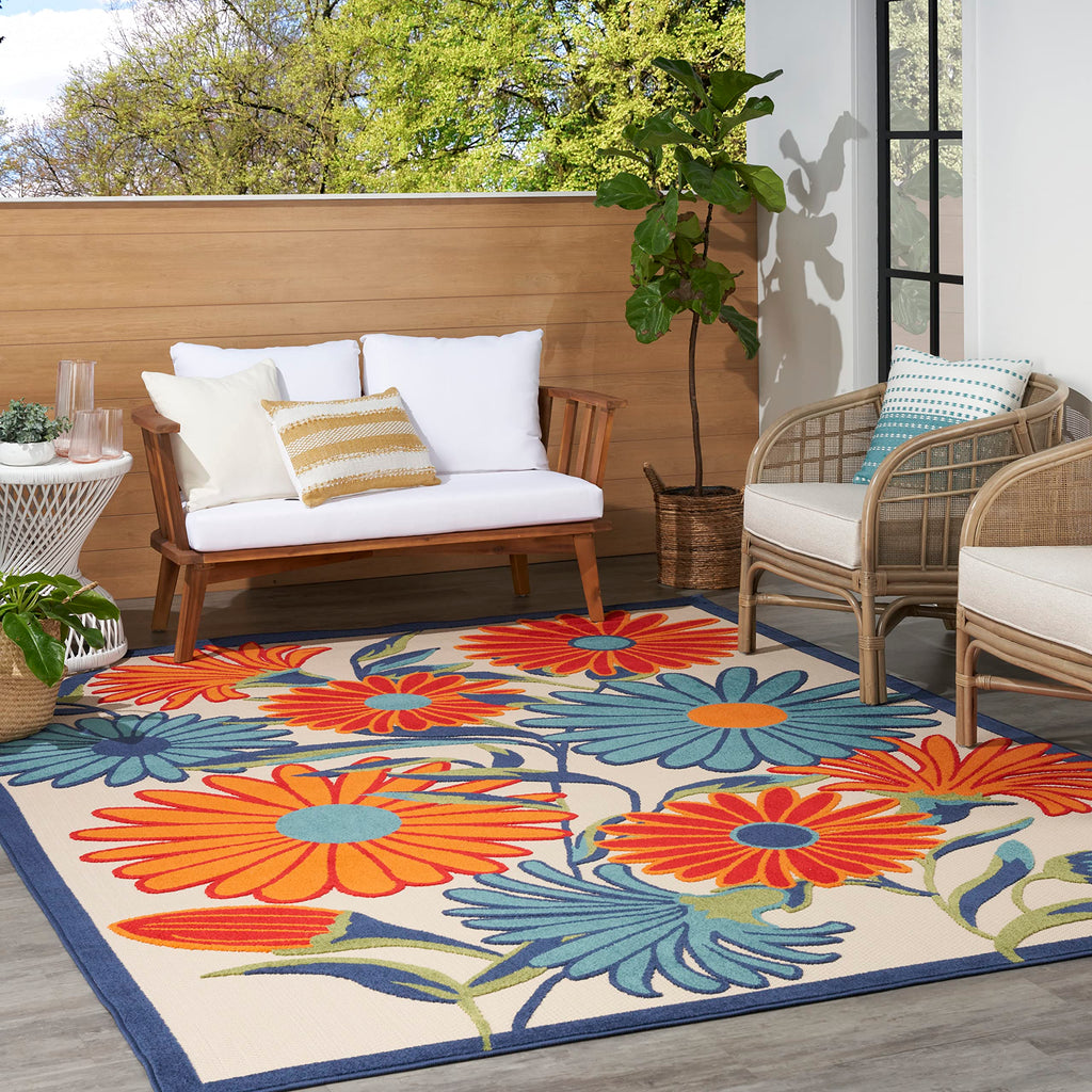 Nourison Aloha Outdoor Multicolor 10' X 14' Area Rug, Easy Cleaning, Non Shedding, Bed Room, Living Room, Dining Room, Deck, Backyard, Patio (10X14)