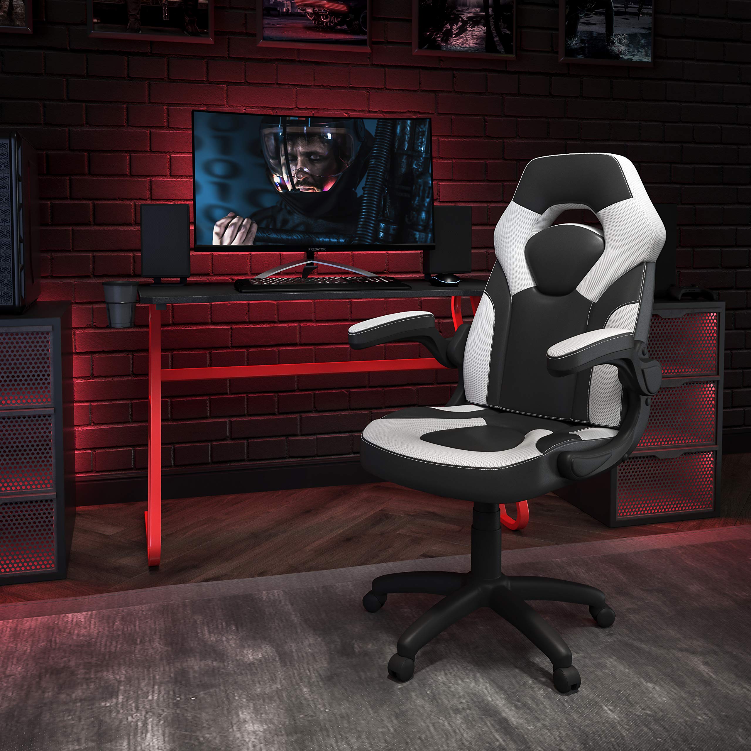 Flash Furniture Red Gaming Desk And White/Black Racing Chair Set With Cup Holder And Headphone Hook