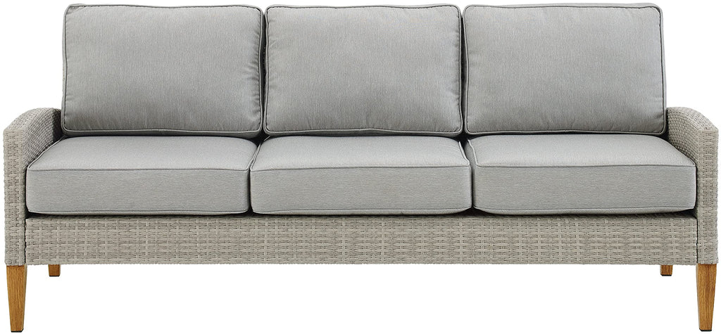 Crosley Furniture Capella Wicker Outdoor Sofa, 3-Person Patio Couch for Porch, Deck, Backyard, Acorn with Gray Cushions
