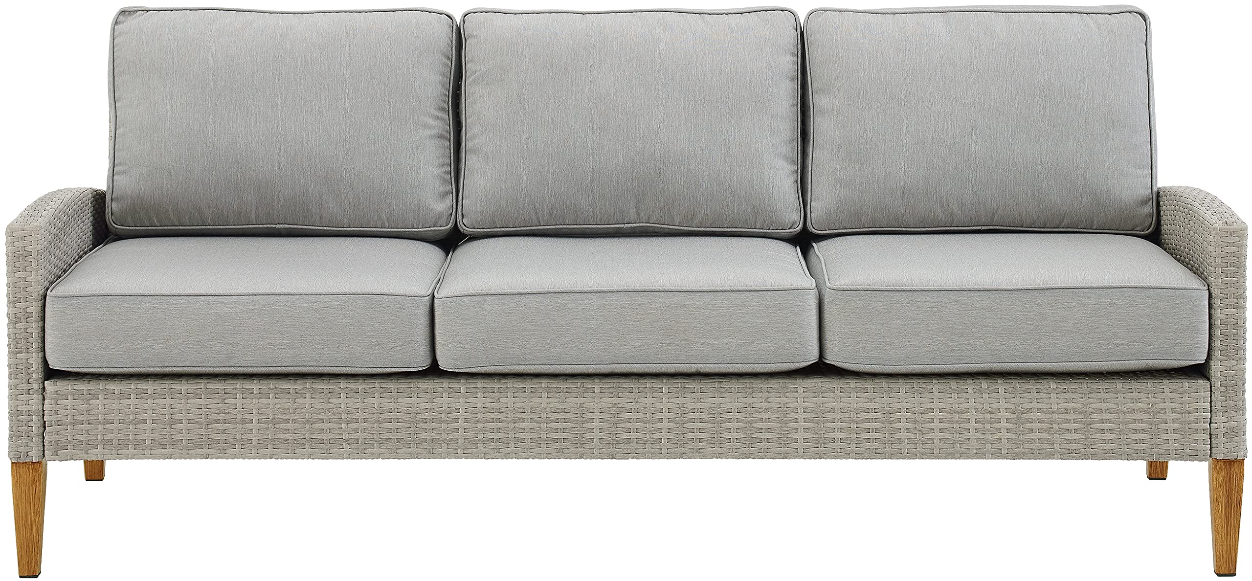 Crosley Furniture Capella Wicker Outdoor Sofa, 3-Person Patio Couch for Porch, Deck, Backyard, Acorn with Gray Cushions