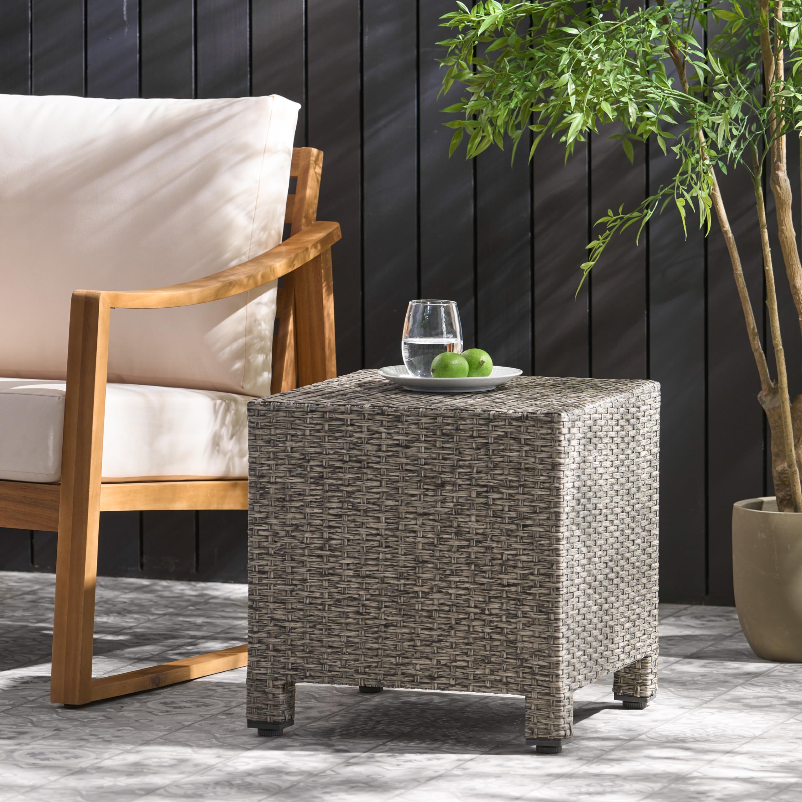 Rpuzonier Wicker Rattan Side Table Patio Wicker Table, Outdoor Square Rattan Coffee Table End Table For Patio Porch Lawn, No Ass