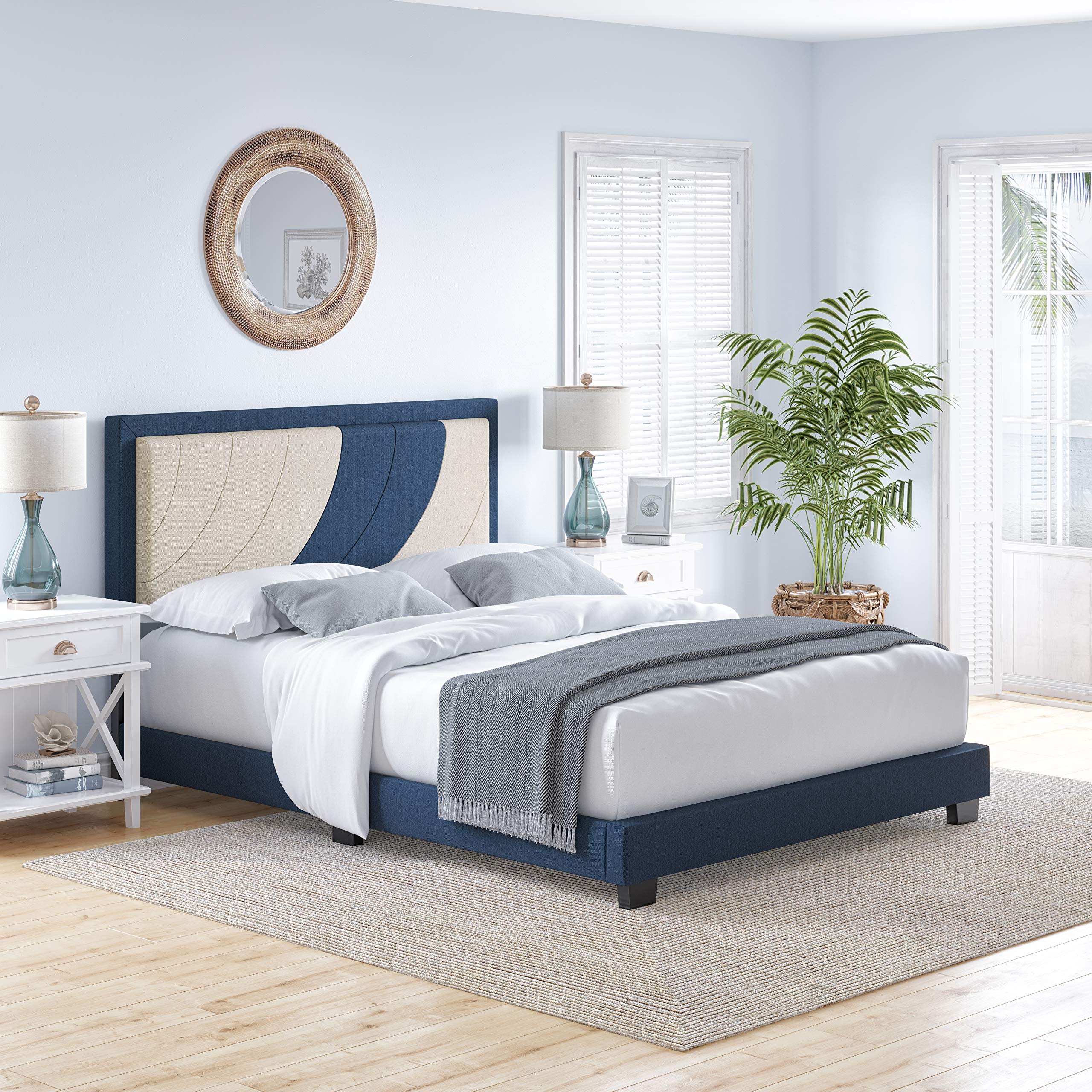 Boyd Sleep Sail Away Upholstered Platform Bed with Headboard and Durable Mattress Foundation with Strong 14 Wood Slat Supports, No BoxSpring Required: Queen, Blue/White