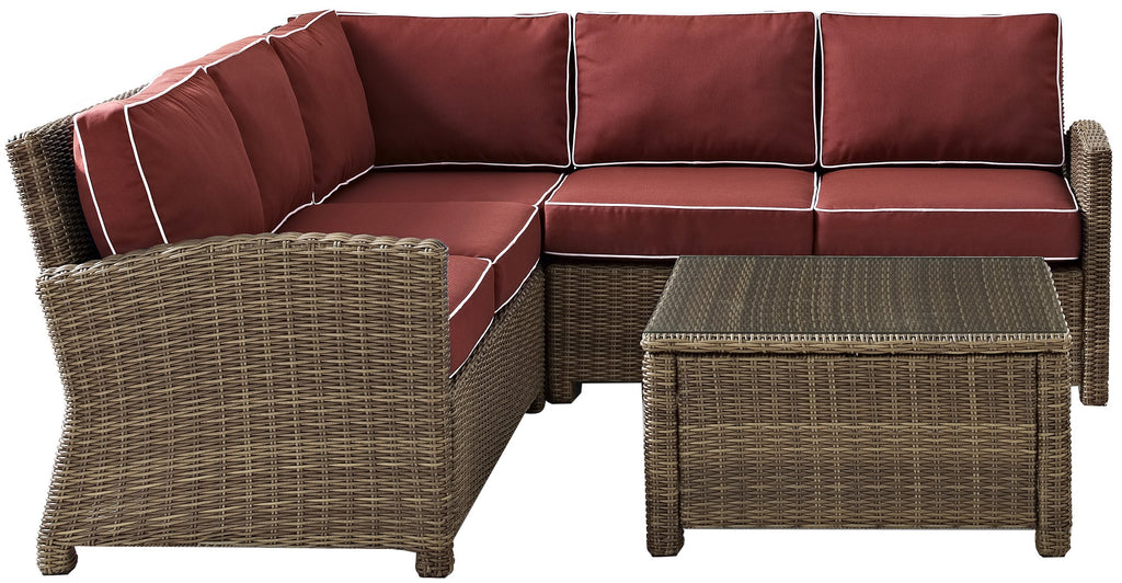 Crosley Furniture Bradenton 4-Piece Outdoor Sectional Sofa Wicker Conversation Patio Furniture Set for Deck, Brown with Sangria Cushions