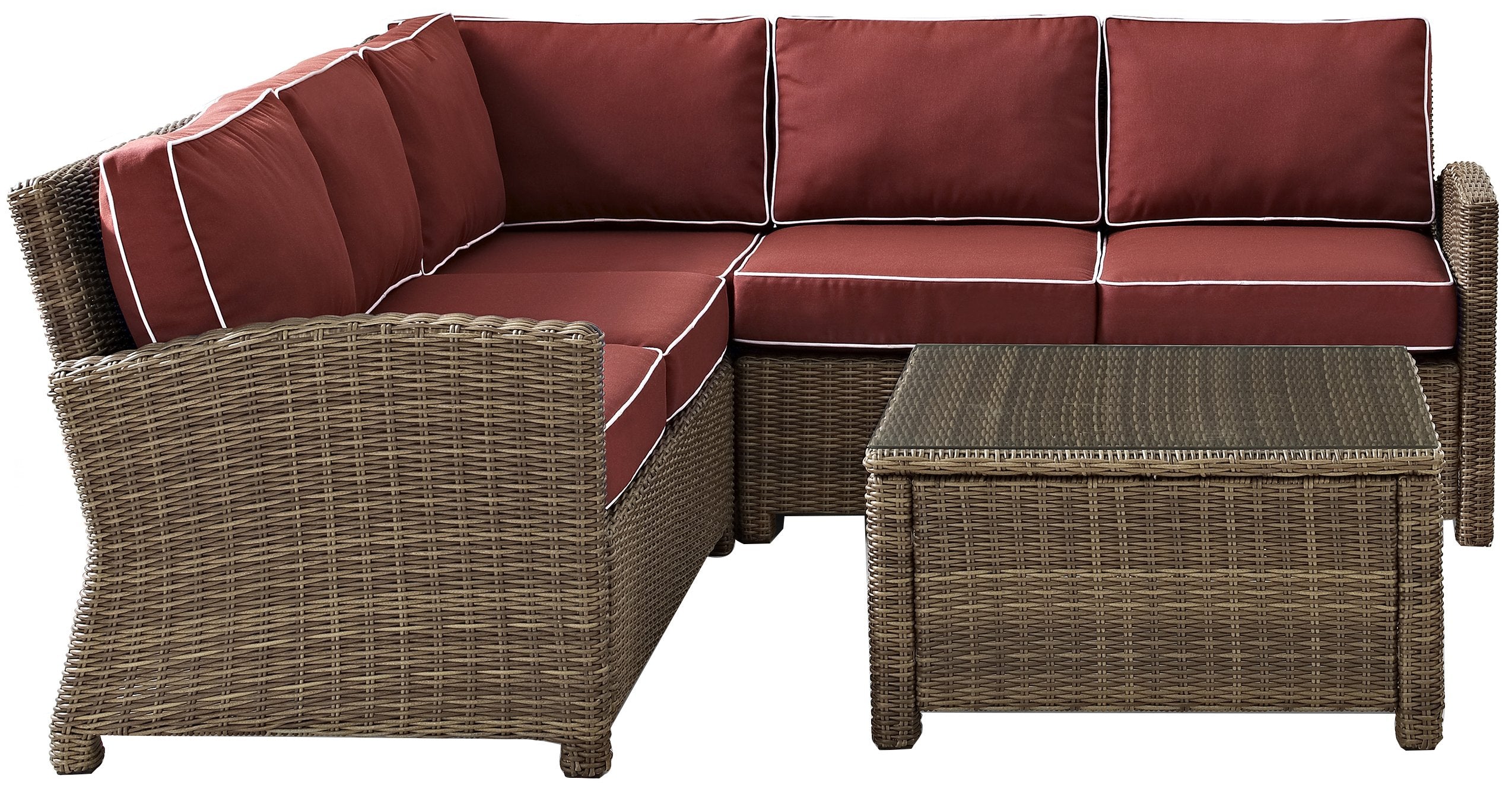 Crosley Furniture Bradenton 4-Piece Outdoor Sectional Sofa Wicker Conversation Patio Furniture Set for Deck, Brown with Sangria Cushions