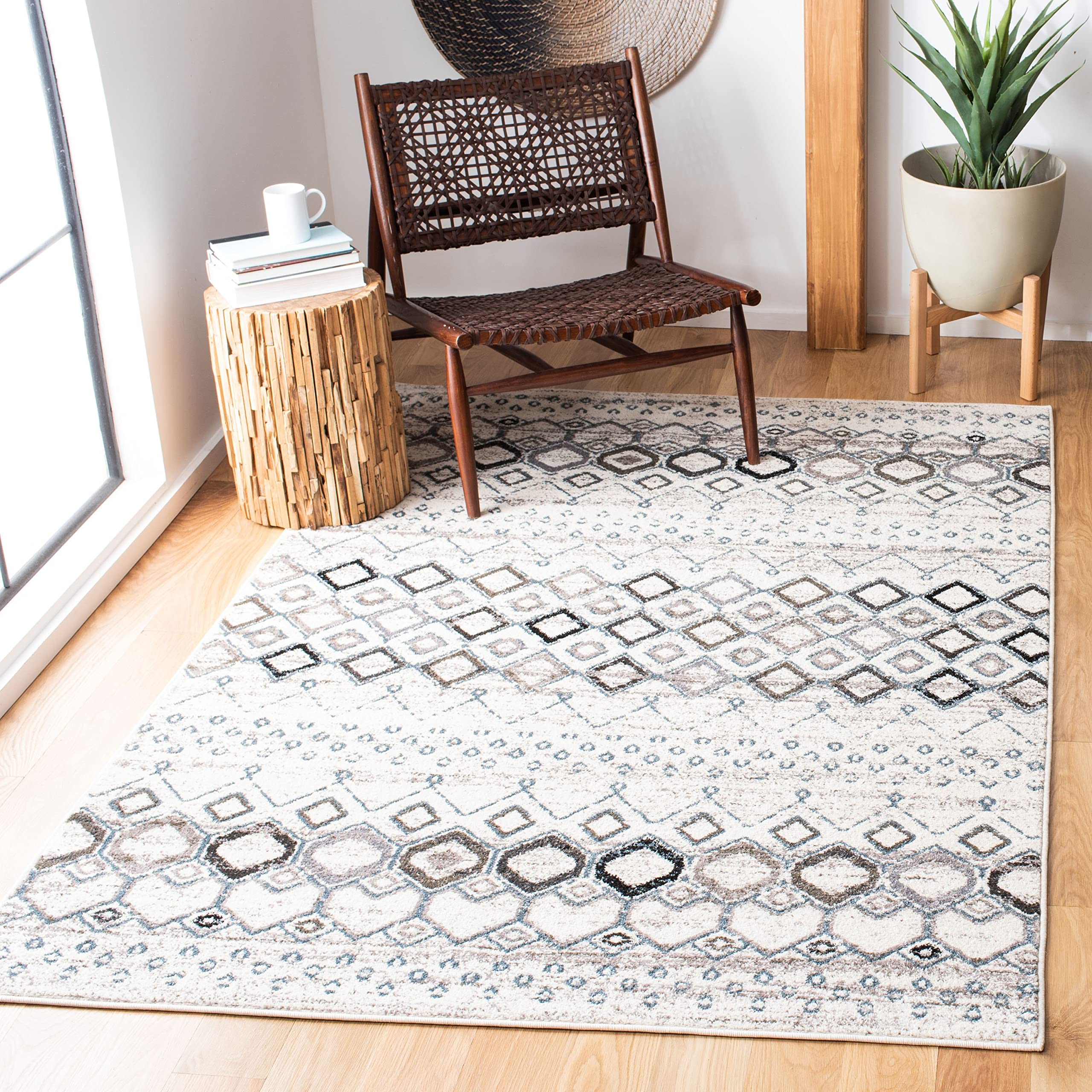 SAFAVIEH Amsterdam Collection 3 Square Ivory/Grey AMS108A Moroccan Boho Non-Shedding Living Room Bedroom Accent Rug