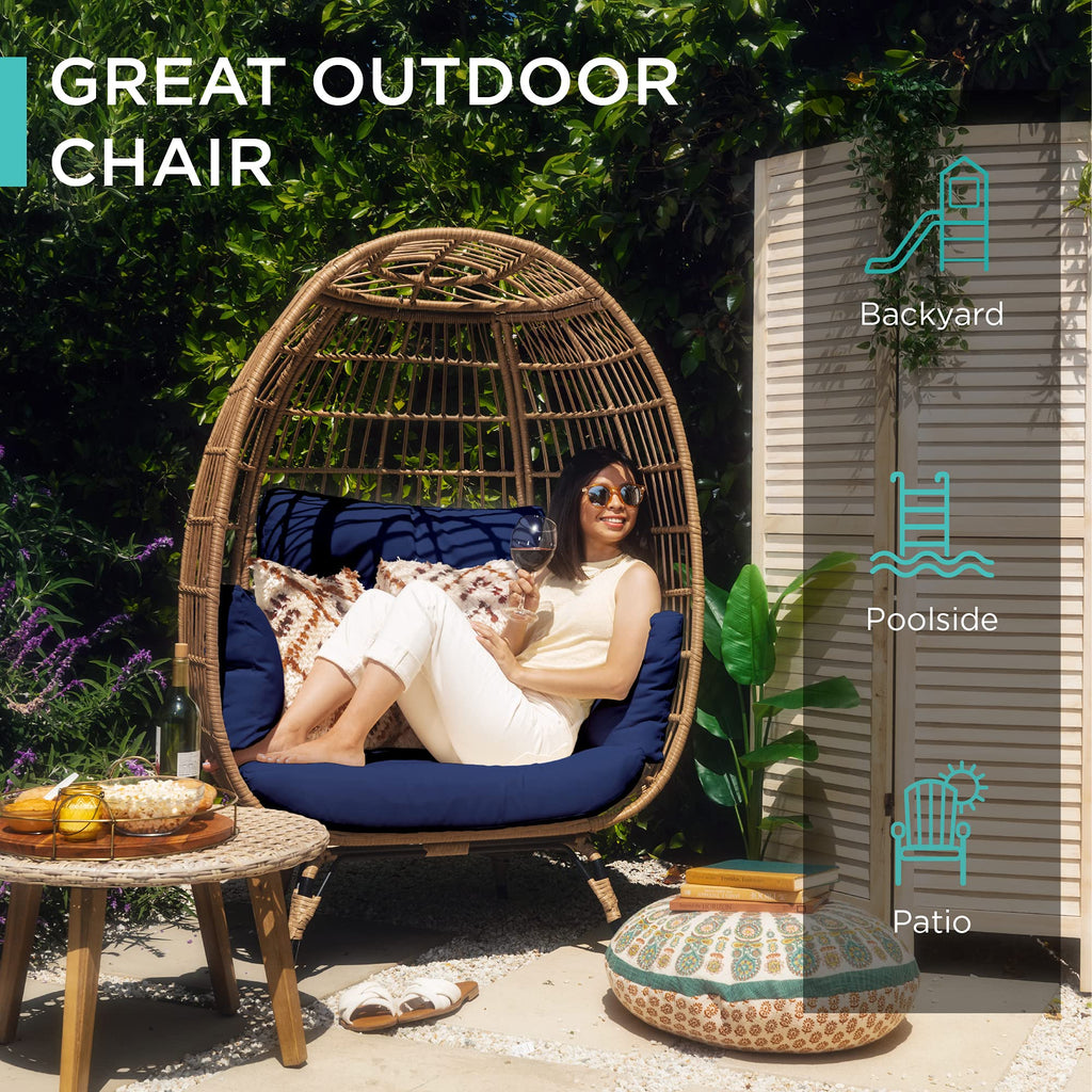 Best Choice Products Wicker Egg Chair, Oversized Indoor Outdoor Lounger For Patio, Backyard, Living Room W/ 4 Cushions, Steel Frame, 440Lb Capacity - Navy