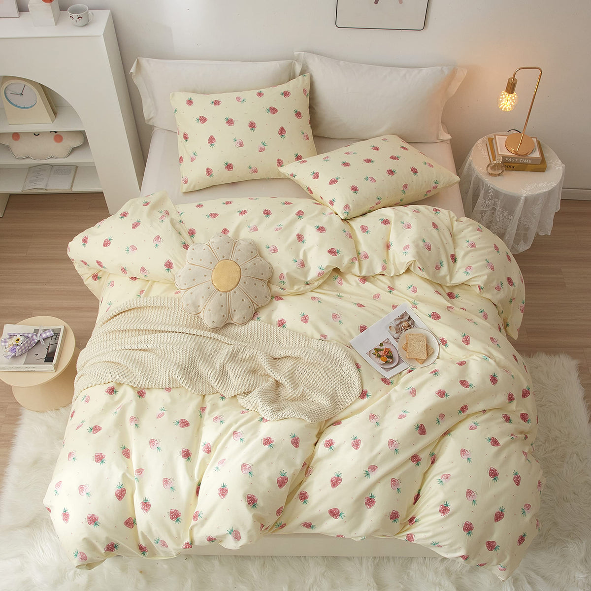 Aojim Pure Cotton Duvet Cover Set With Pink Strawberries Pattern, Cute Kids Comforter Cover Soft Breathable, 1 Reversible Girls
