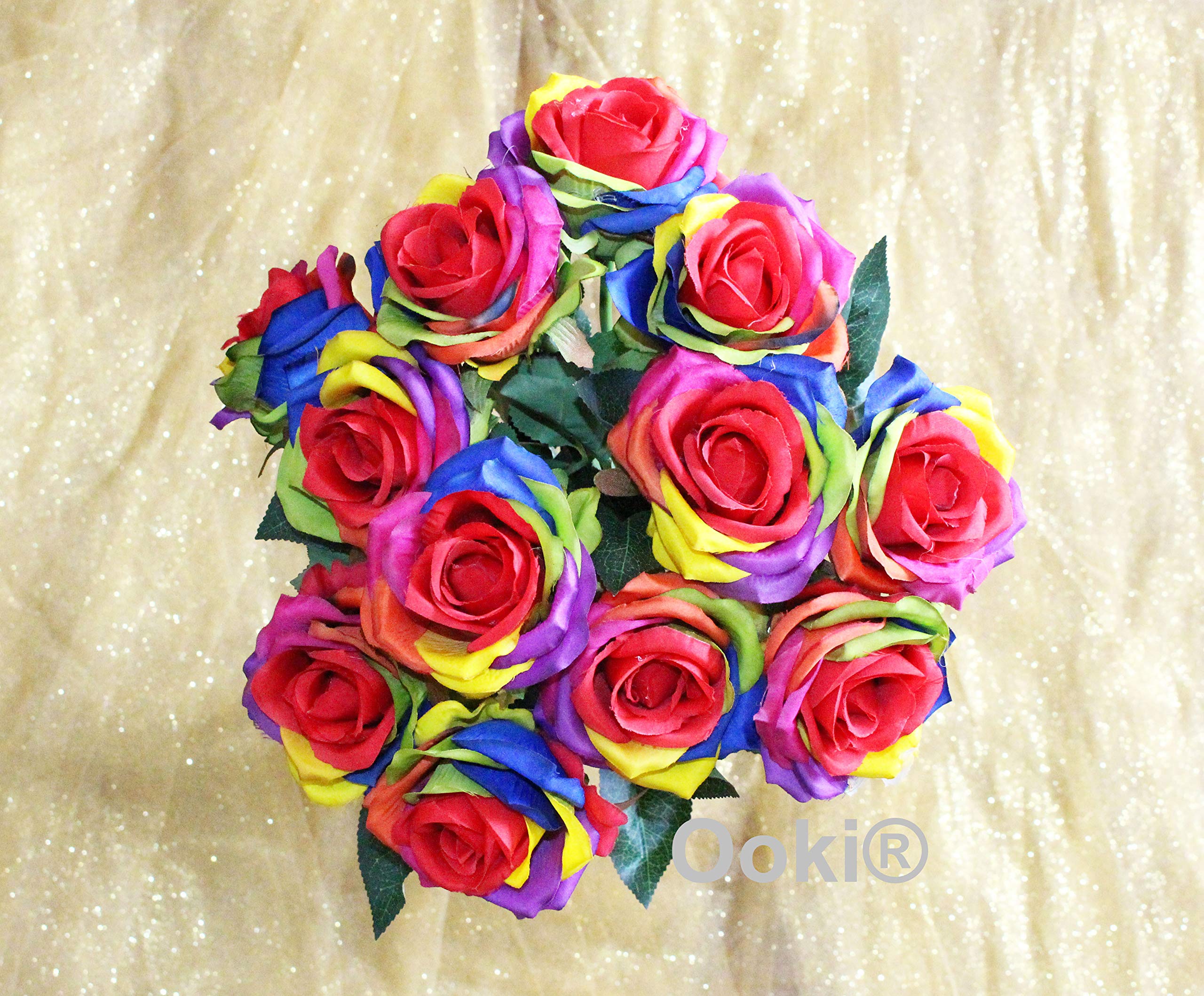 12 Long Stem Artificial Silk Rainbow Rose Flower Bush Bouquet for DIY Any Arrangement Home Decor Wedding Party Celebration