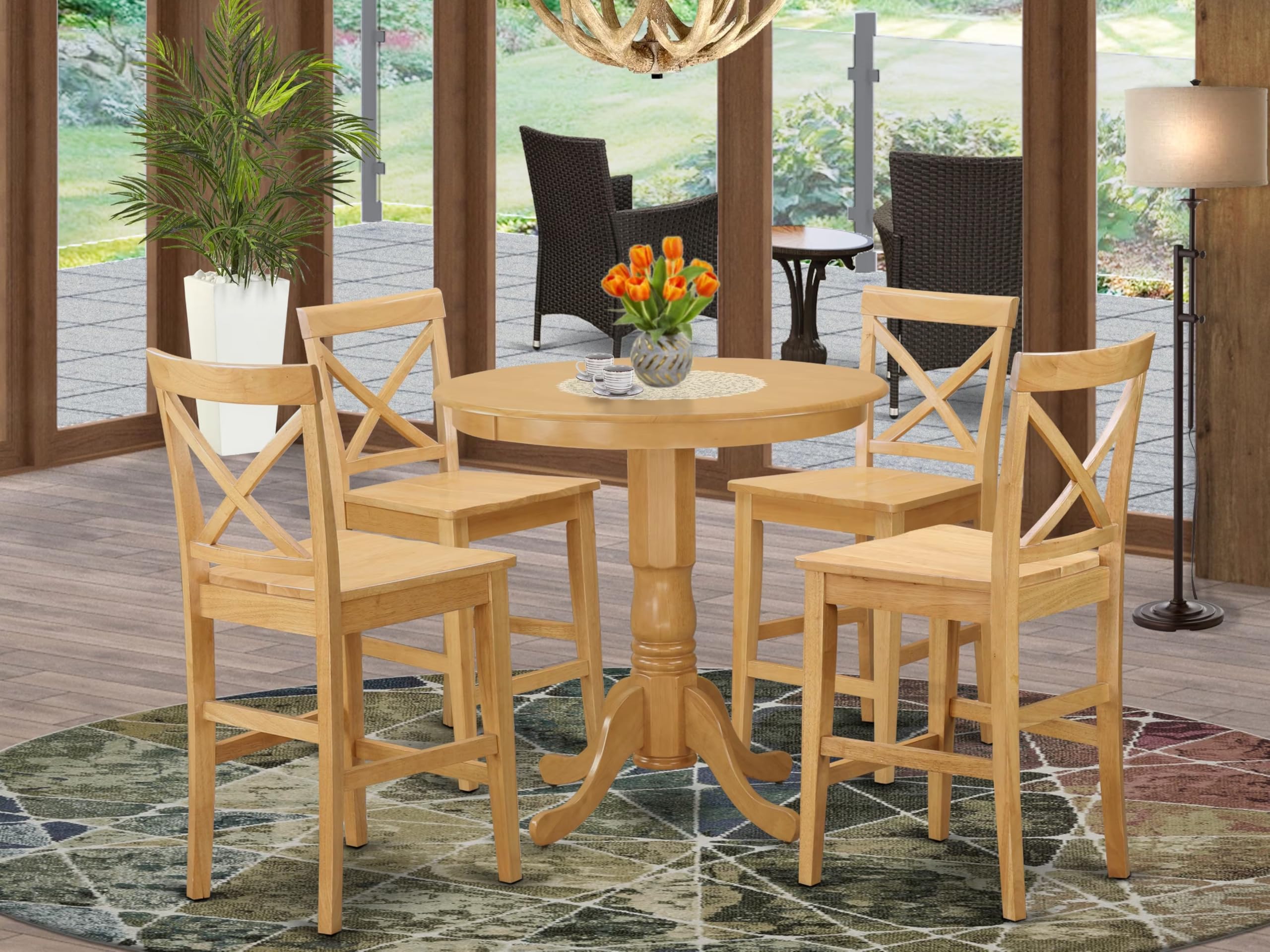 East West Furniture JAPB5-OAK-W 5 Piece Counter Height Dining Table Set Includes a Round Kitchen Table with Pedestal and 4 Dining Chairs, 36x36 Inch, Oak