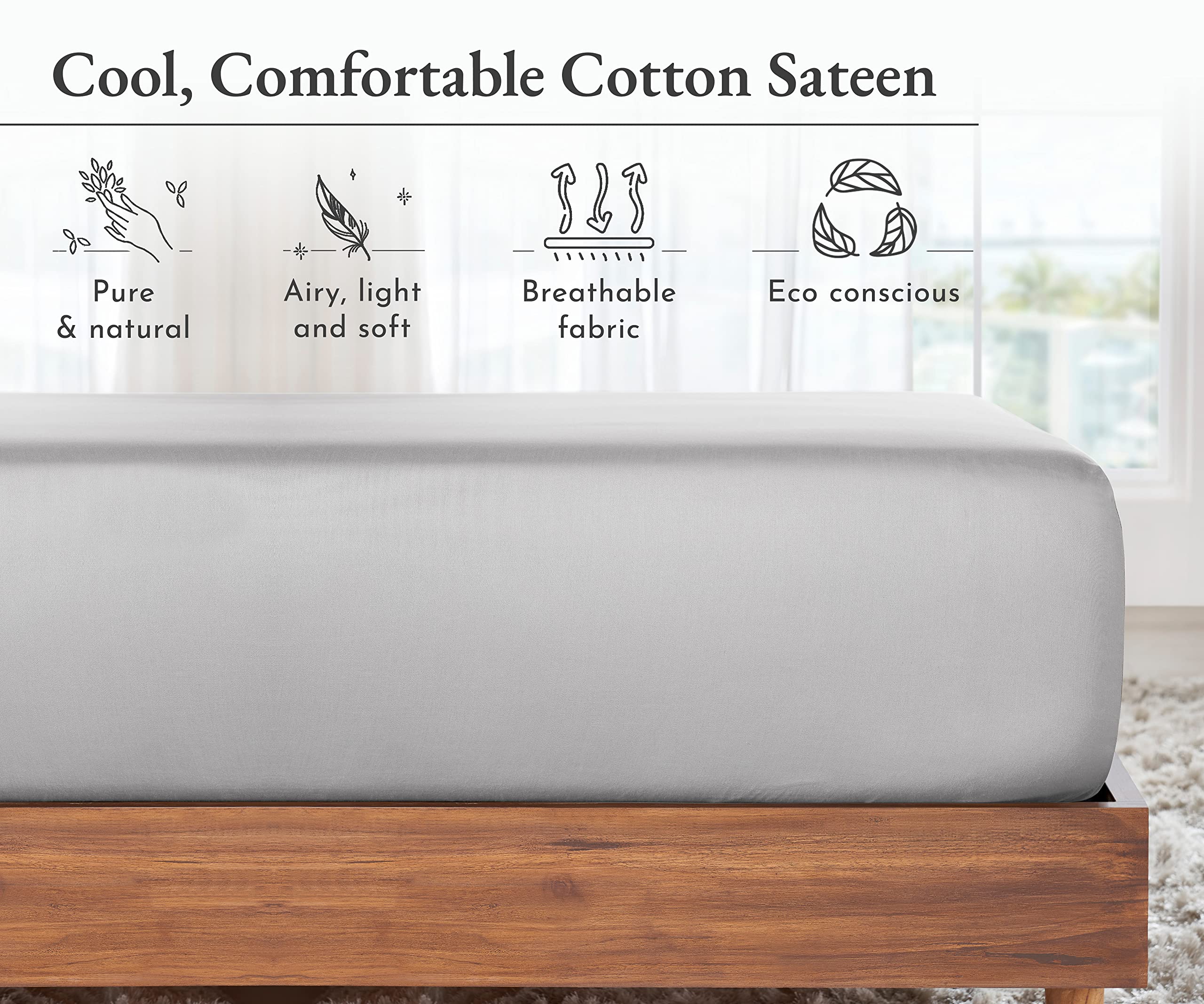 California Design Den Soft 100% Cotton Fitted Sheet Twin, Deep Pocket, Durable Sateen, All-Around Elastic, Head/Foot Side Indicators, Twin Bottom Sheets Only (Light Grey)