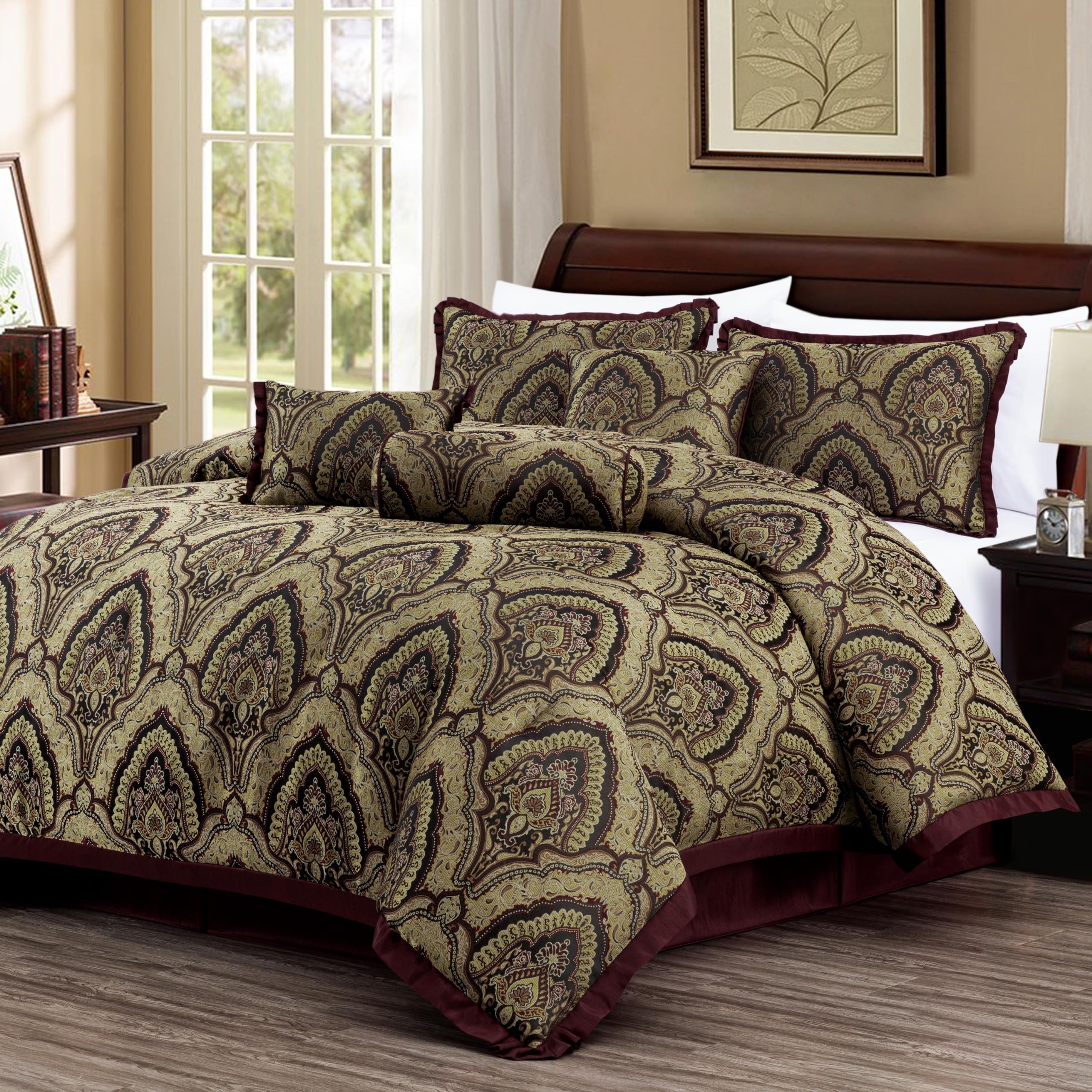 Chezmoi Collection Pierre Comforter Set Oversized King Size, 7-Piece Burgundy Black Gold Medallion Paisley Jacquard Bedding Set