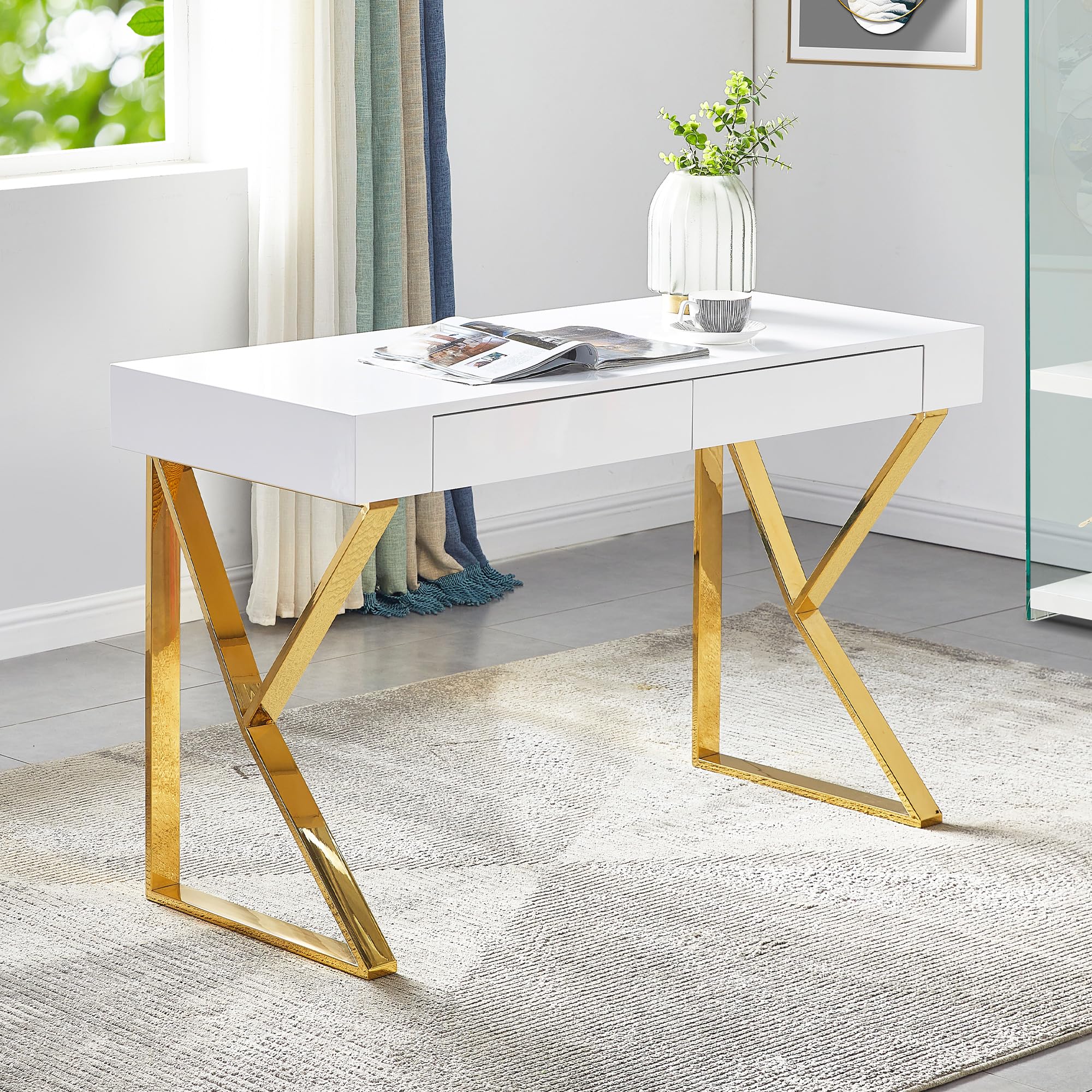 Best Master Furniture Benson High Gloss Modern Lacquer Home Office Desk, Gold