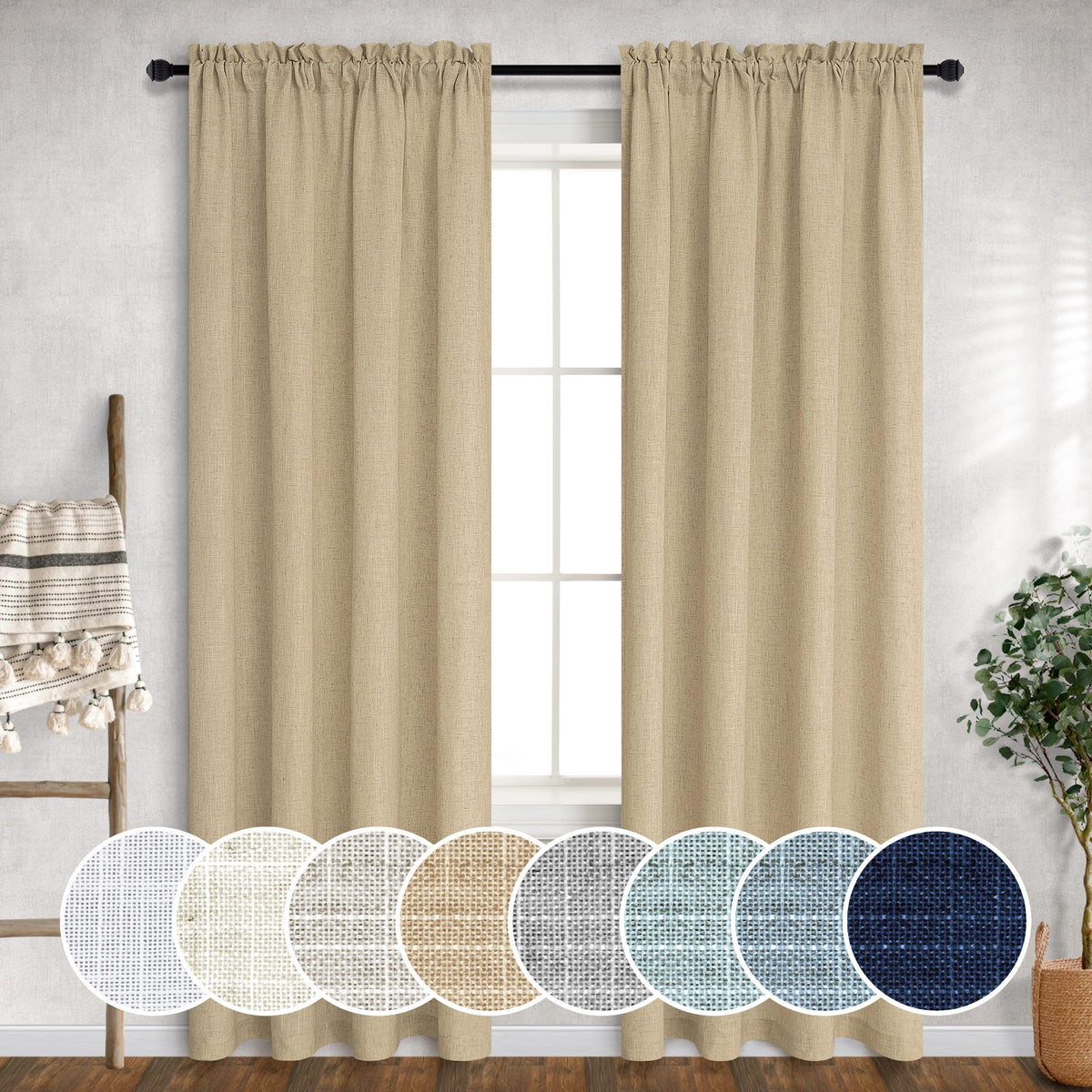 Light Brown Curtains 84 Inch Length for Living Room 2 Panels Set Rod Pocket Burlap Drapes Flax Linen Cotton Cloth Textured Semi 