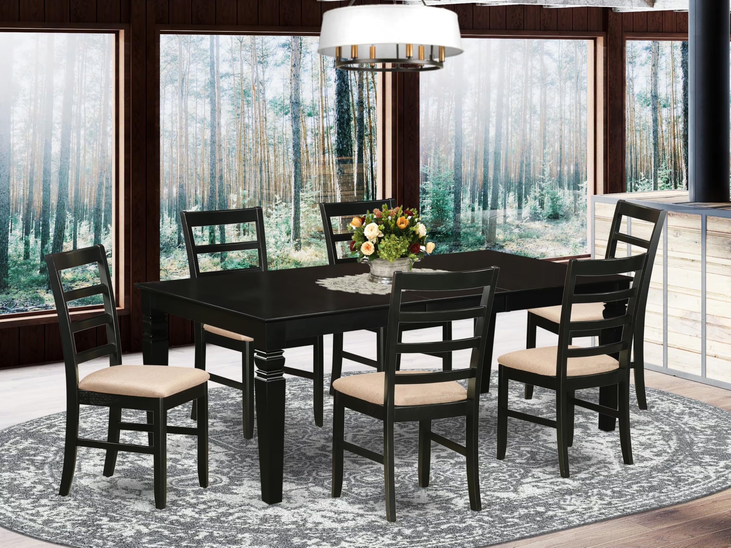 East West Furniture LGPF7-BLK-C 7 Piece Kitchen Table Set Consist of a Rectangle Dining Table with Butterfly Leaf and 6 Linen Fabric Upholstered Dining Chairs, 42x84 Inch, Black