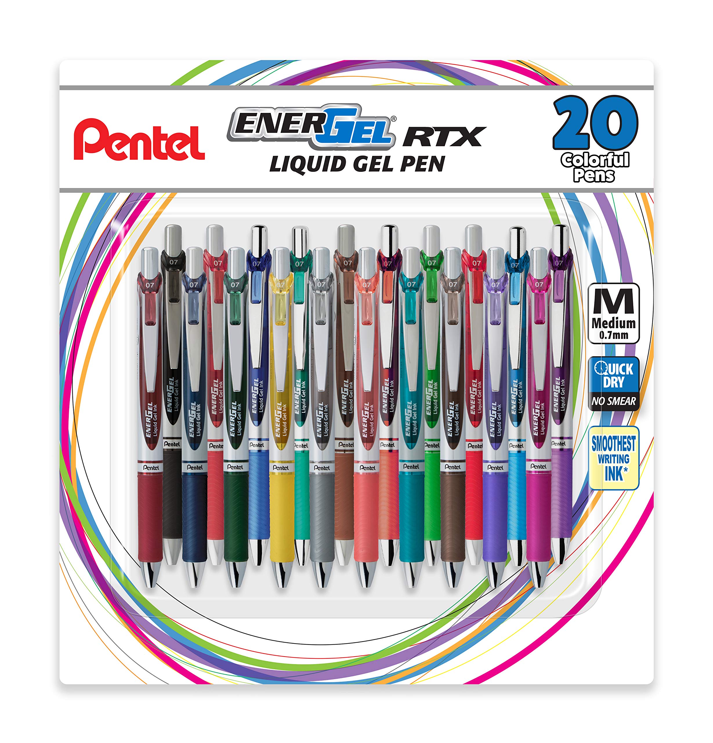 Pentel Energel Rtx Retractable Liquid Gel Ink Pen, (0.7Mm) Medium, Assorted Ink, 20 Pack (Bl77Bp20M), Assorted