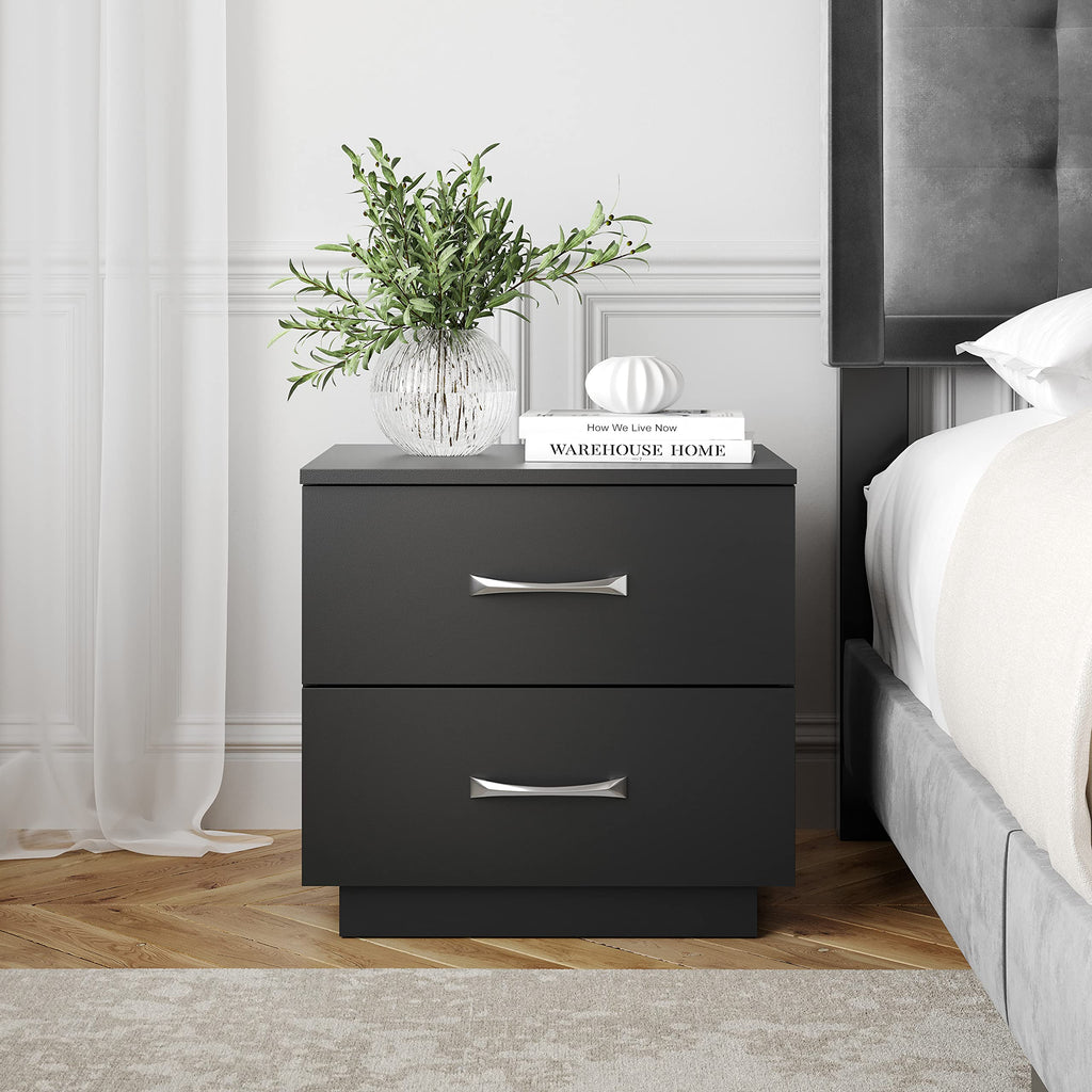 Boyd Sleep Bedroom Nightstand Bedside Table: Hamilton Two Drawer Storage with Pedestal Base, Black