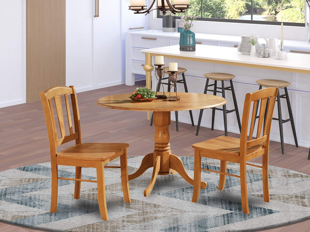 East West Furniture DLIN3-OAK-W 3 Piece Dining Table Set for Small Spaces Contains a Round Dining Room Table with Dropleaf and 2 Wood Seat Chairs, 42x42 Inch, Oak