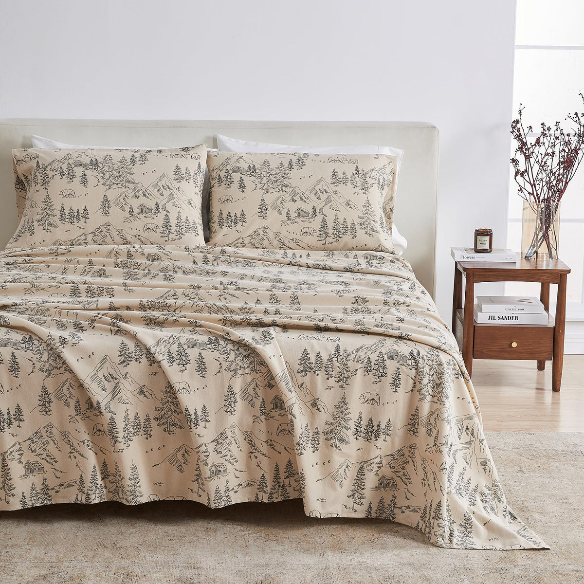 Great Bay Home 100% Turkish Cotton Twin Size Flannel Bed Sheet Set - Novelty Printed Cotton Bedding Sheets & Pillowcases - Doubl