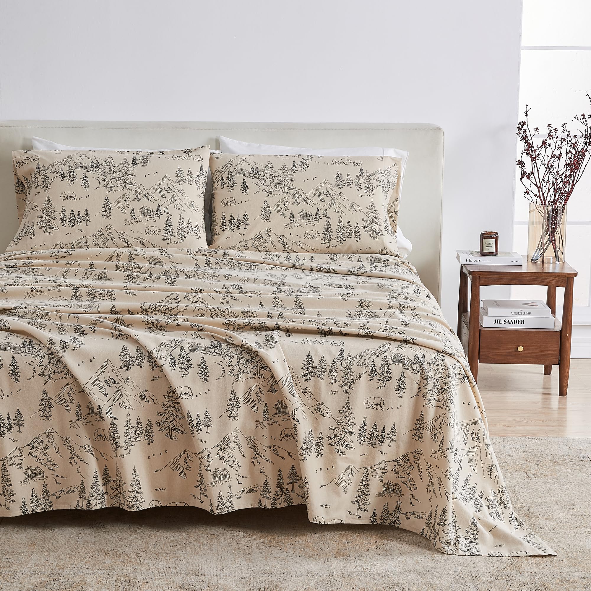 Great Bay Home 100% Turkish Cotton Twin Size Flannel Bed Sheet Set - Novelty Printed Cotton Bedding Sheets & Pillowcases - Doubl
