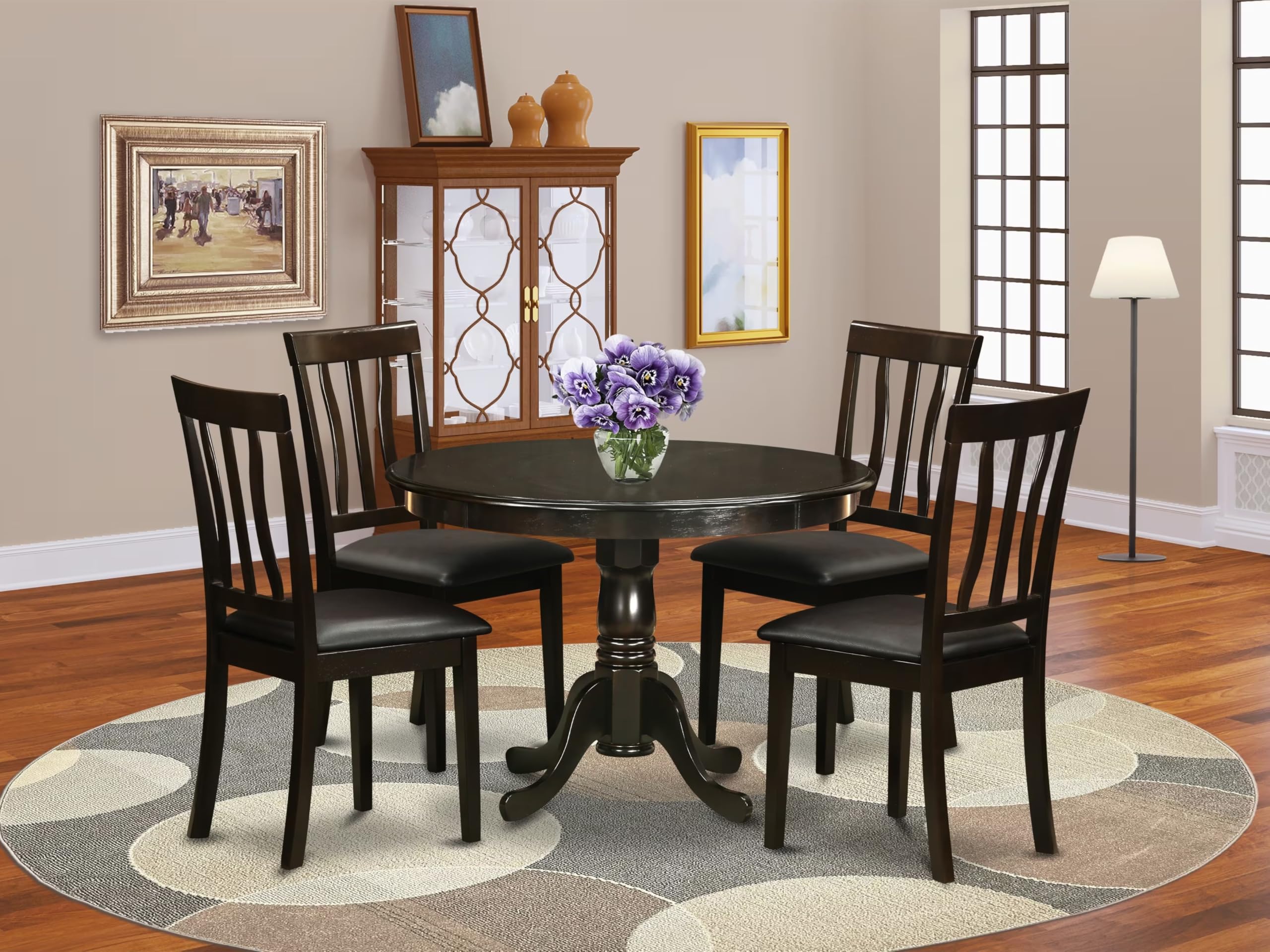 East West Furniture Anga3-Abk-24 3 Piece Dinette Set For Small Spaces Contains A Round Kitchen Table With Pedestal And 2 Black Linen Fabric Parson Dining Chairs, 36X36 Inch, Wirebrushed Black