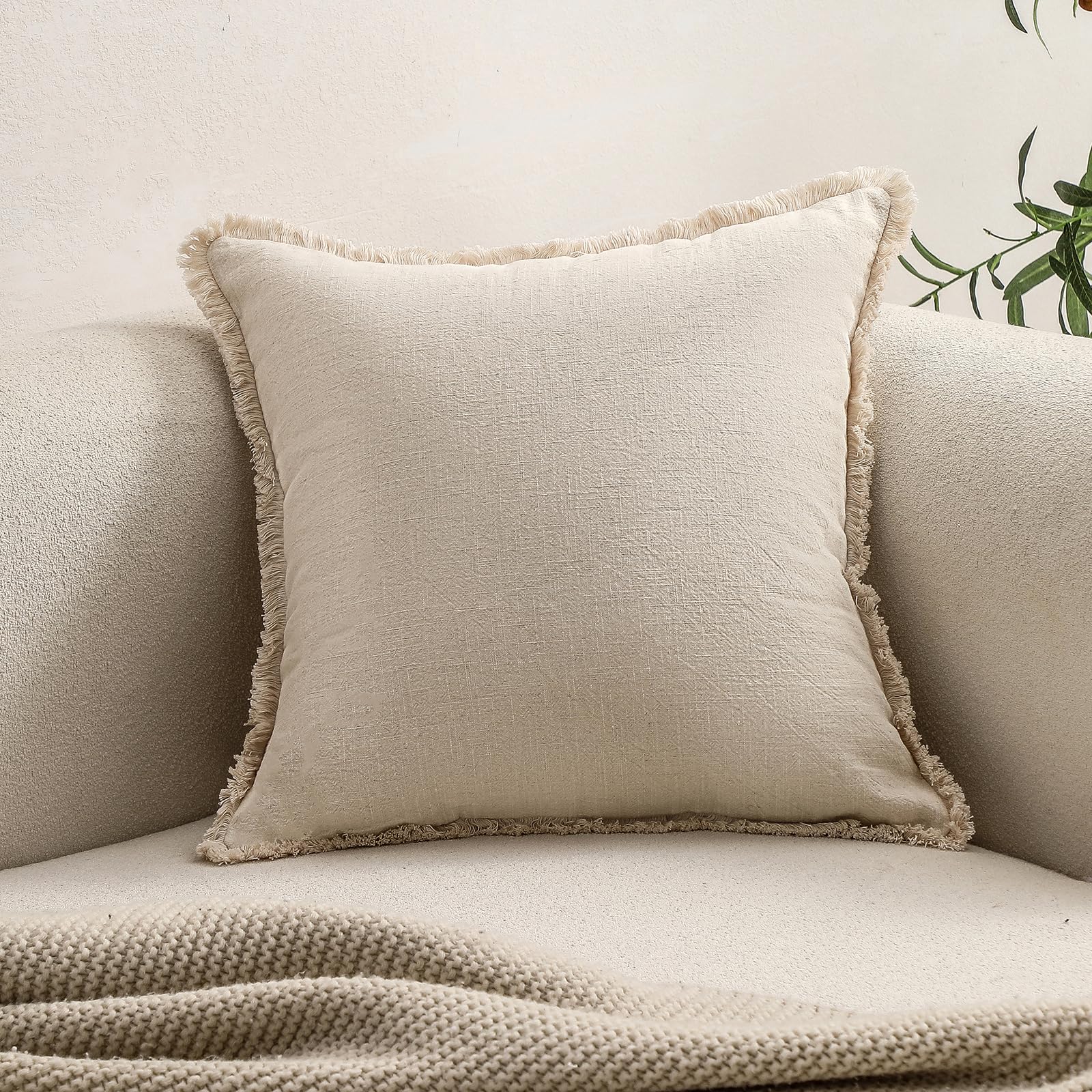 Hckot Linen Pillow Cover 22X22 Inch Natural Beige Throw Pillow Cover With Tassel Fringed Decorative Rustic Throw Pillows For Cou