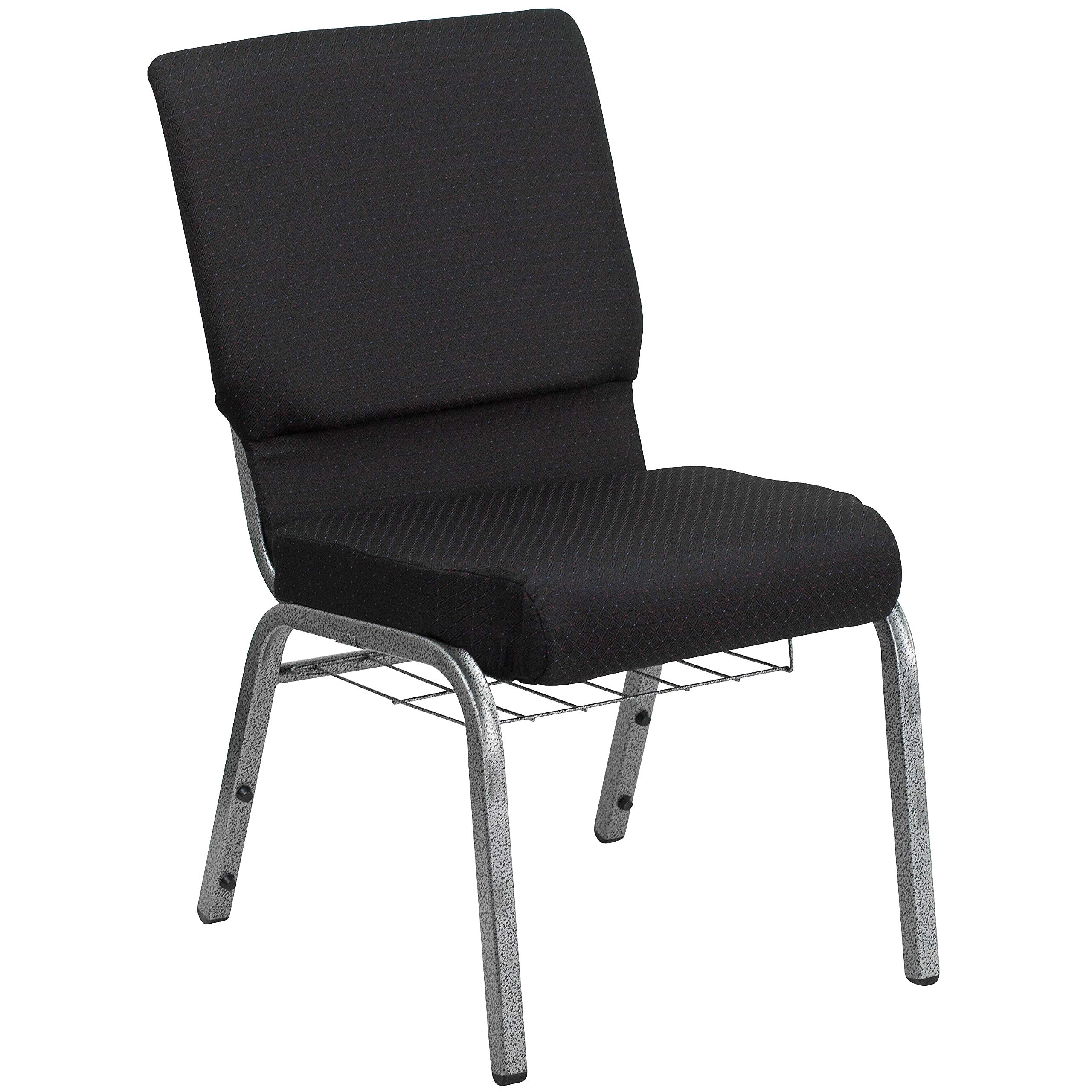 4 Pk. 18.5W Black Fabric Church Chair, Cup Book Rack - Silver Vein Frame