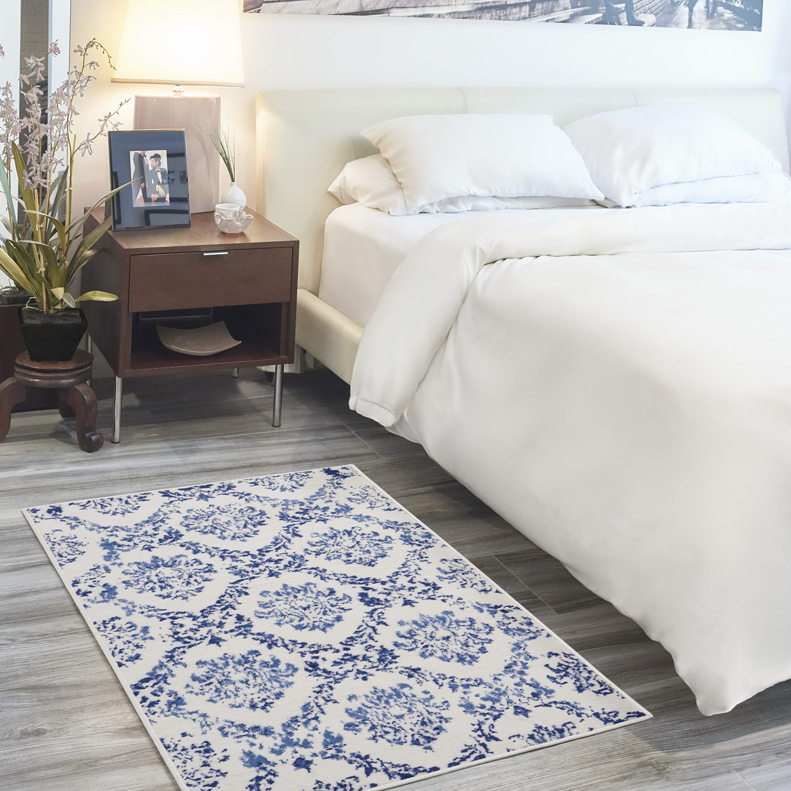 Nourison Whimsicle Damask Ivory Navy 3' X 5' Area Rug, Easy Cleaning, Non Shedding, Bed Room, Living Room, Dining Room, Kitchen
