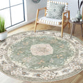 MUJOO Green Round Rug 5ft,Circle Washable Area Rugs for Bedroom Living Room Bathroom,Boho Large Non Slip Circular Carpet,Sage Fl