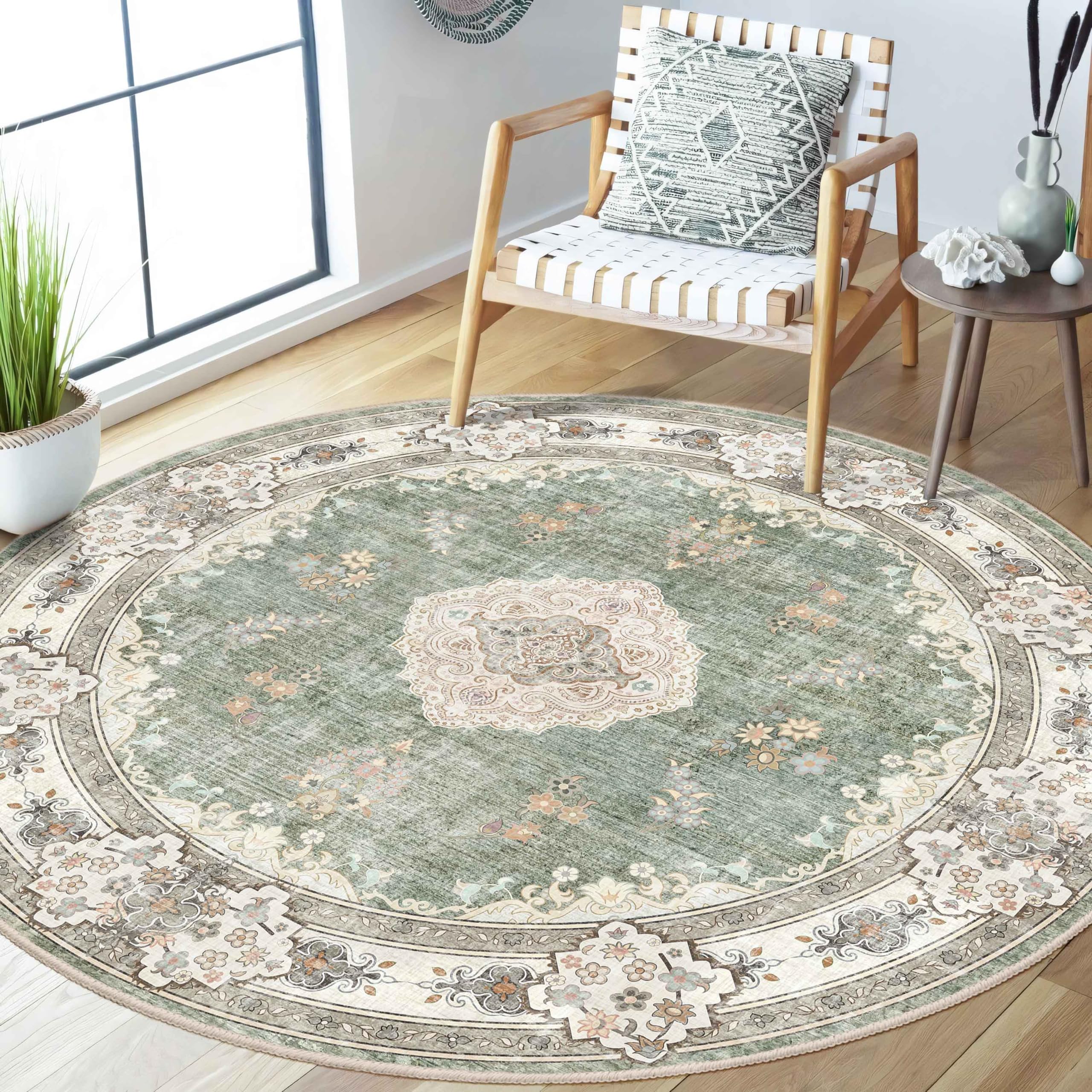 MUJOO Green Round Rug 5ft,Circle Washable Area Rugs for Bedroom Living Room Bathroom,Boho Large Non Slip Circular Carpet,Sage Fl