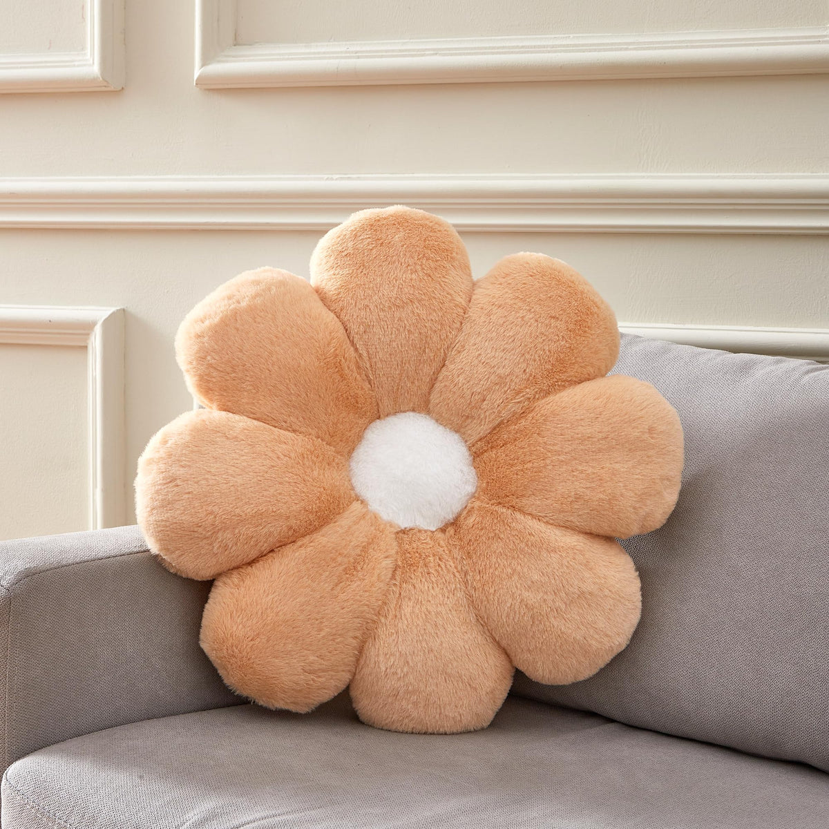 Ailive 21.6 In Light Brown Large Cute Fluffy Faux Fur Decorative Pillow Flower Shaped Throw Pillows For Kids Teen Girls Preppy A