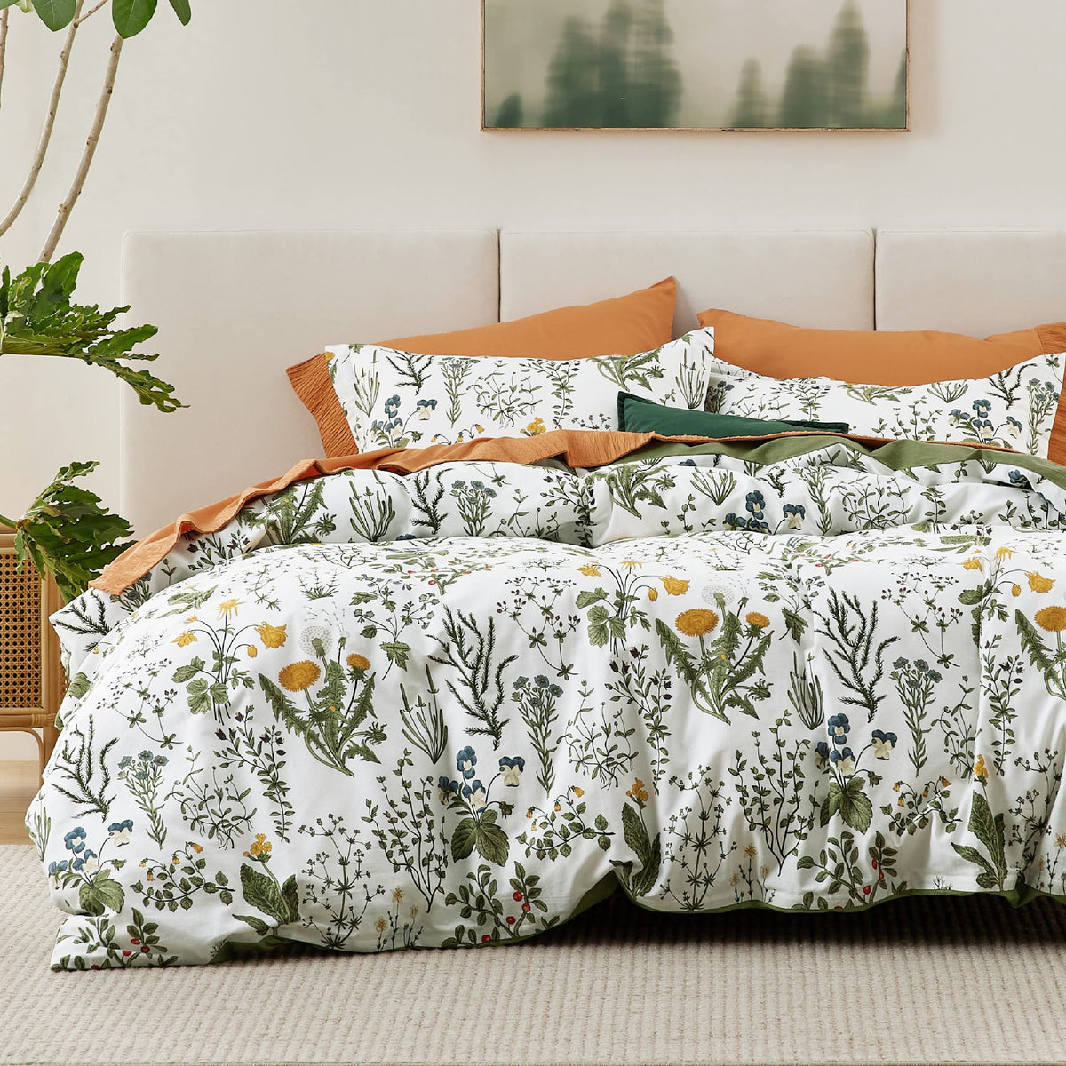 Bedsure Duvet Cover Queen Size - 100% Cotton Reversible Floral Duvet Cover Set with Zipper, Soft & Breathable Green Bedding Set,