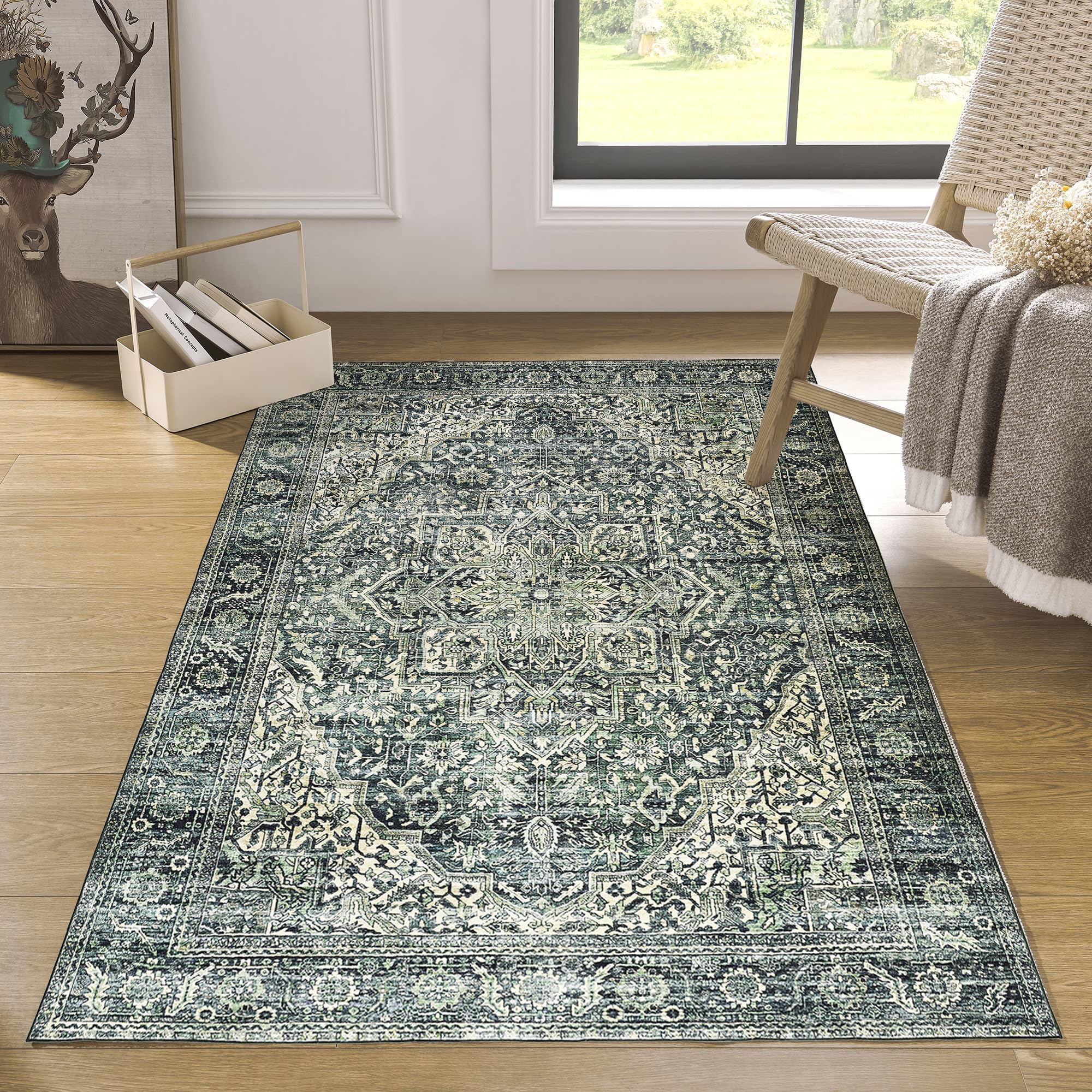 BILEEHOME Dark Emerald Green Rug for Living Room,Vintage Floral Waterproof Non Slip Cool Area Rugs for Men Office Hardwood Floor