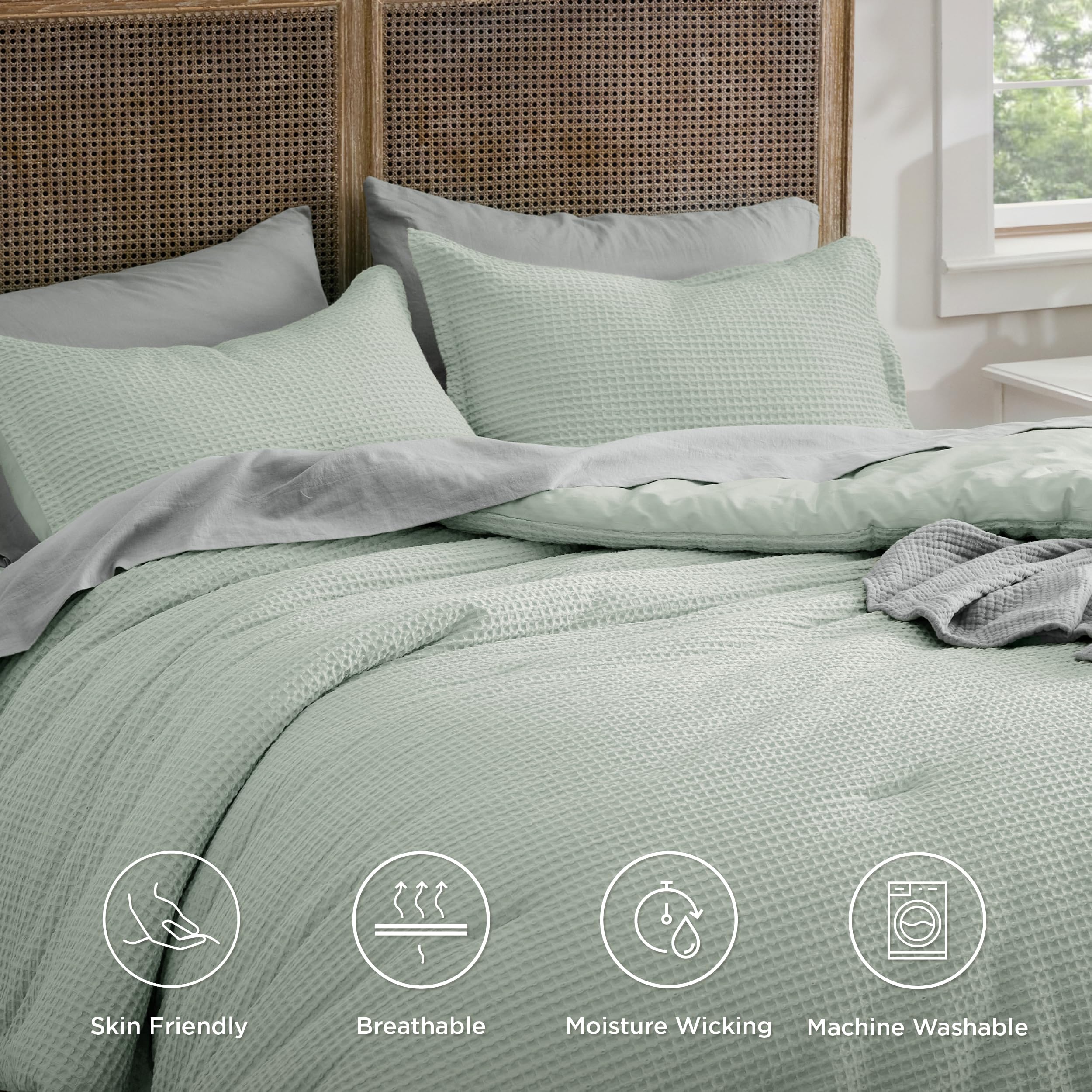 Bedsure Waffle Comforter Set King, Sage Green Cotton Bedding Set For All Seasons, Waffle Weave Bed Set, 3 Pieces, 1 Comforter (104'X90') And 2 Pillow Shams, Premium Cotton Cover With Polyester Fill