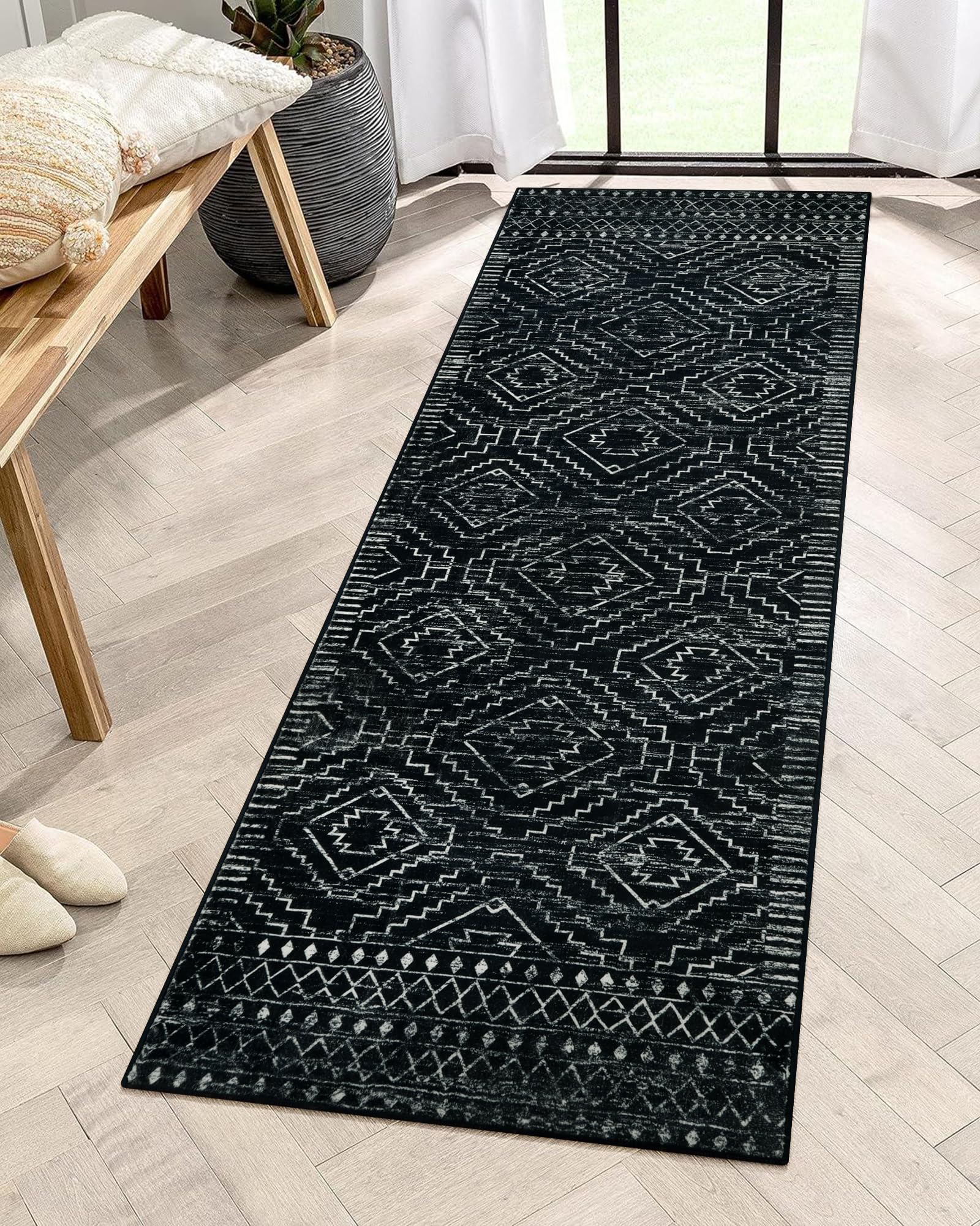 Wonnitar Washable Kitchen Runner Rug 2x6, Moroccan Black Runners for Hallway, Non Slip Bohemian Soft Bathroom Throw Mat Geometri