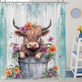 Laifzere Cute Baby Highland Cow Shower Curtain Farmhouse Teal Wooden Shower Curtain for Bathroom Set Funny Cattle Rustic Animal 