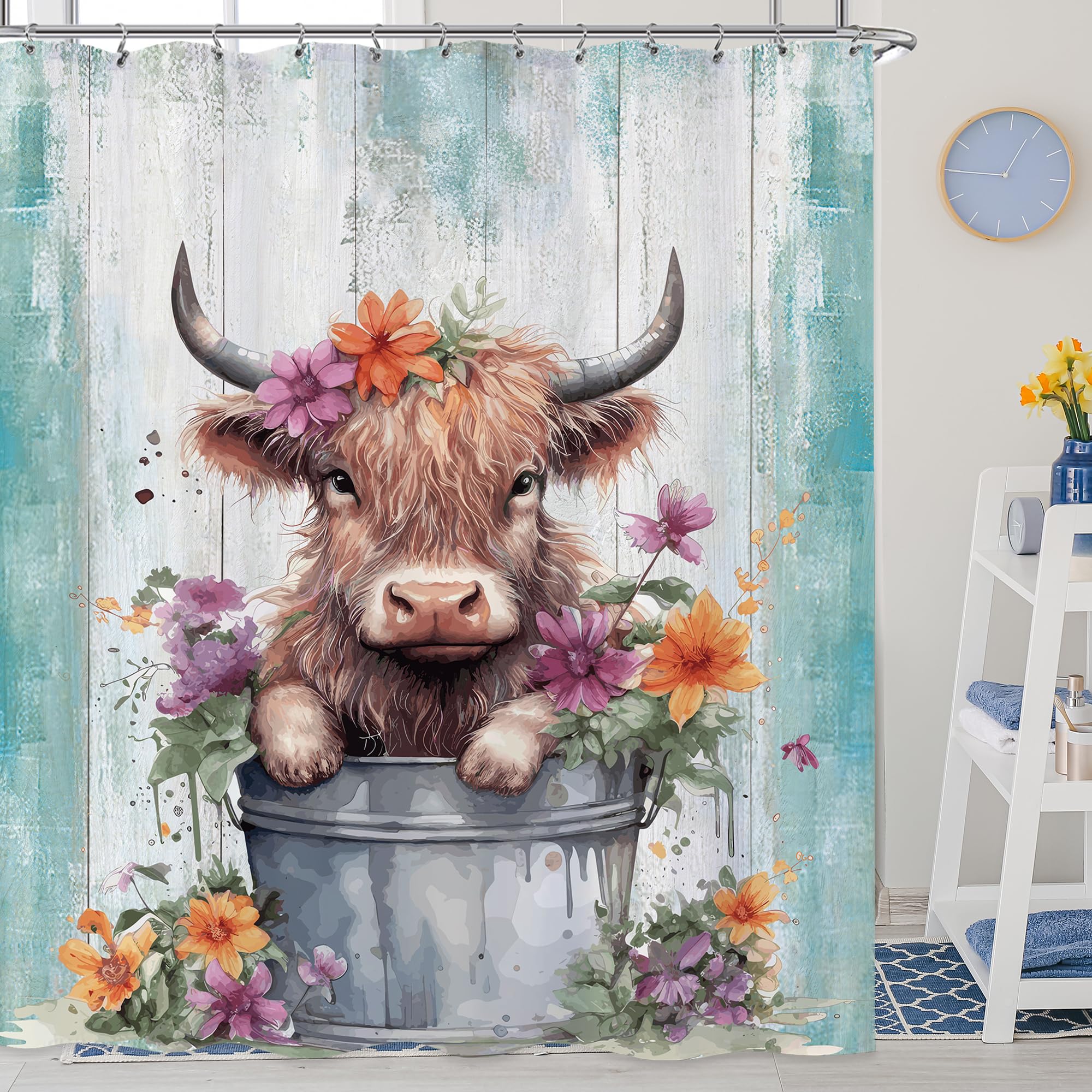 Laifzere Cute Baby Highland Cow Shower Curtain Farmhouse Teal Wooden Shower Curtain for Bathroom Set Funny Cattle Rustic Animal 